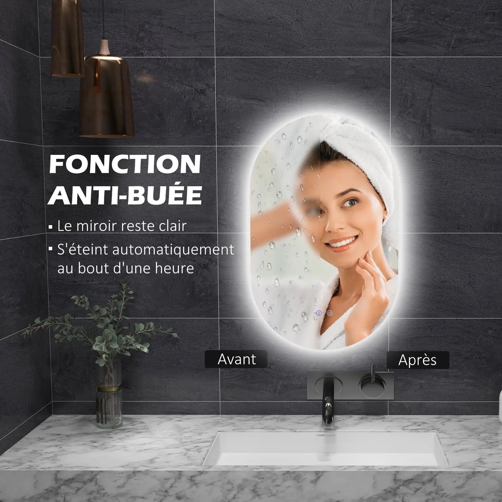 Fonction anti-buée du miroir LED salle de bain illustrée avant et après la douche.