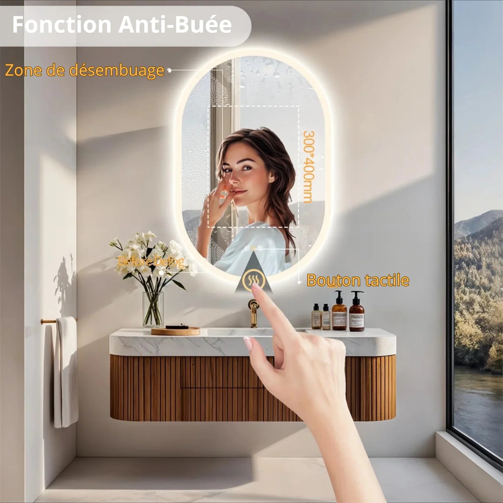 Miroir LED salle de bain fonction anti-buée zone désembuage.
