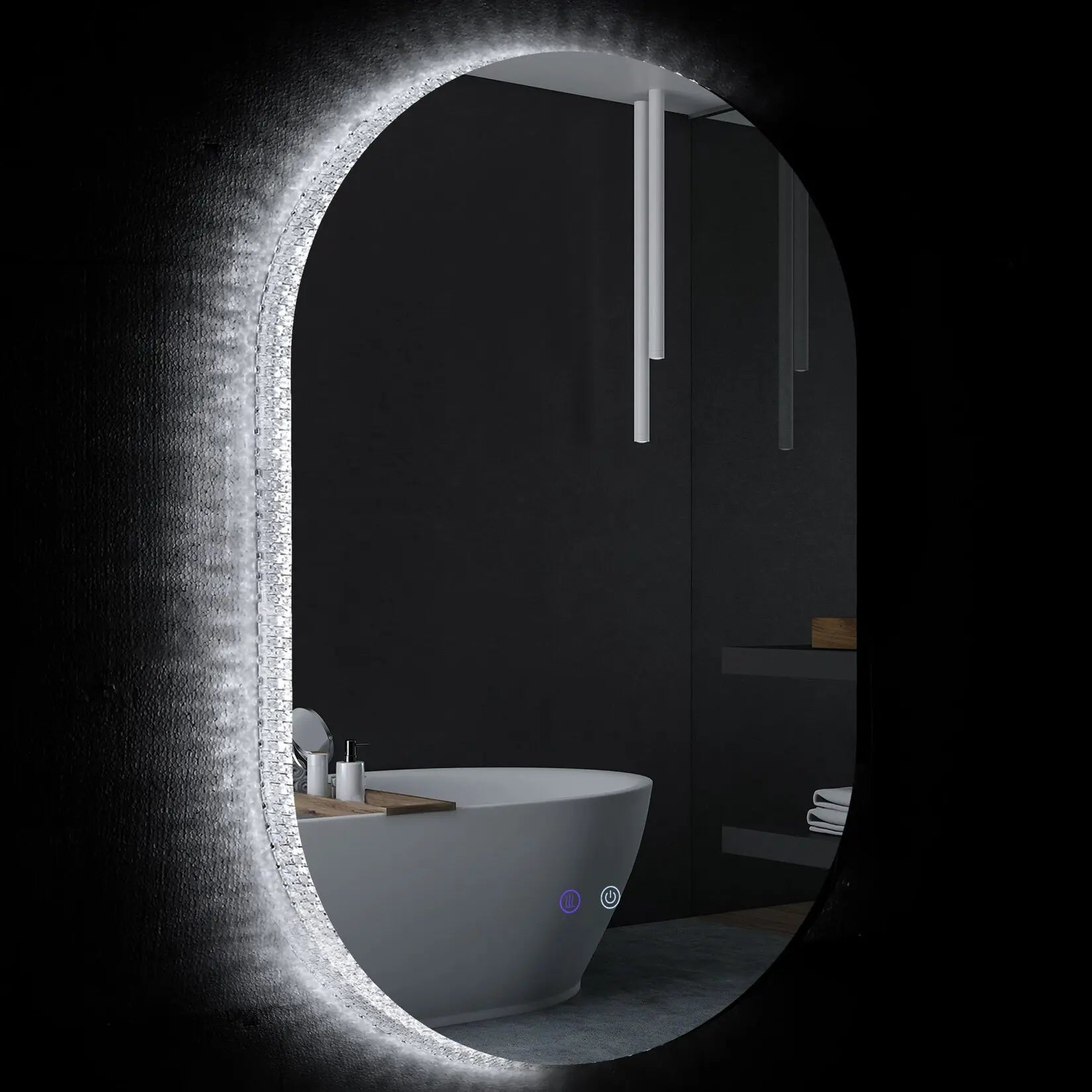 Miroir LED salle de bain allumé en ambiance noire, design ovale lumineux avec interrupteurs tactiles visibles.