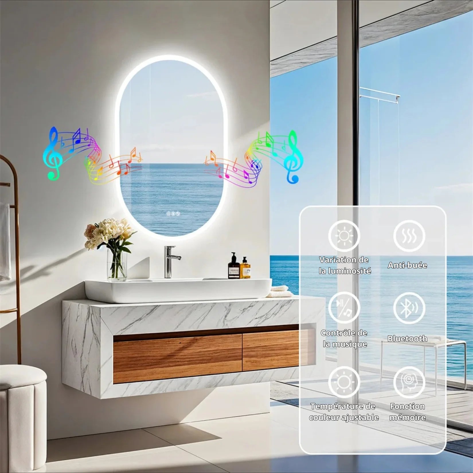 Miroir LED salle de bain six fonctionnalités Bluetooth anti-buée.