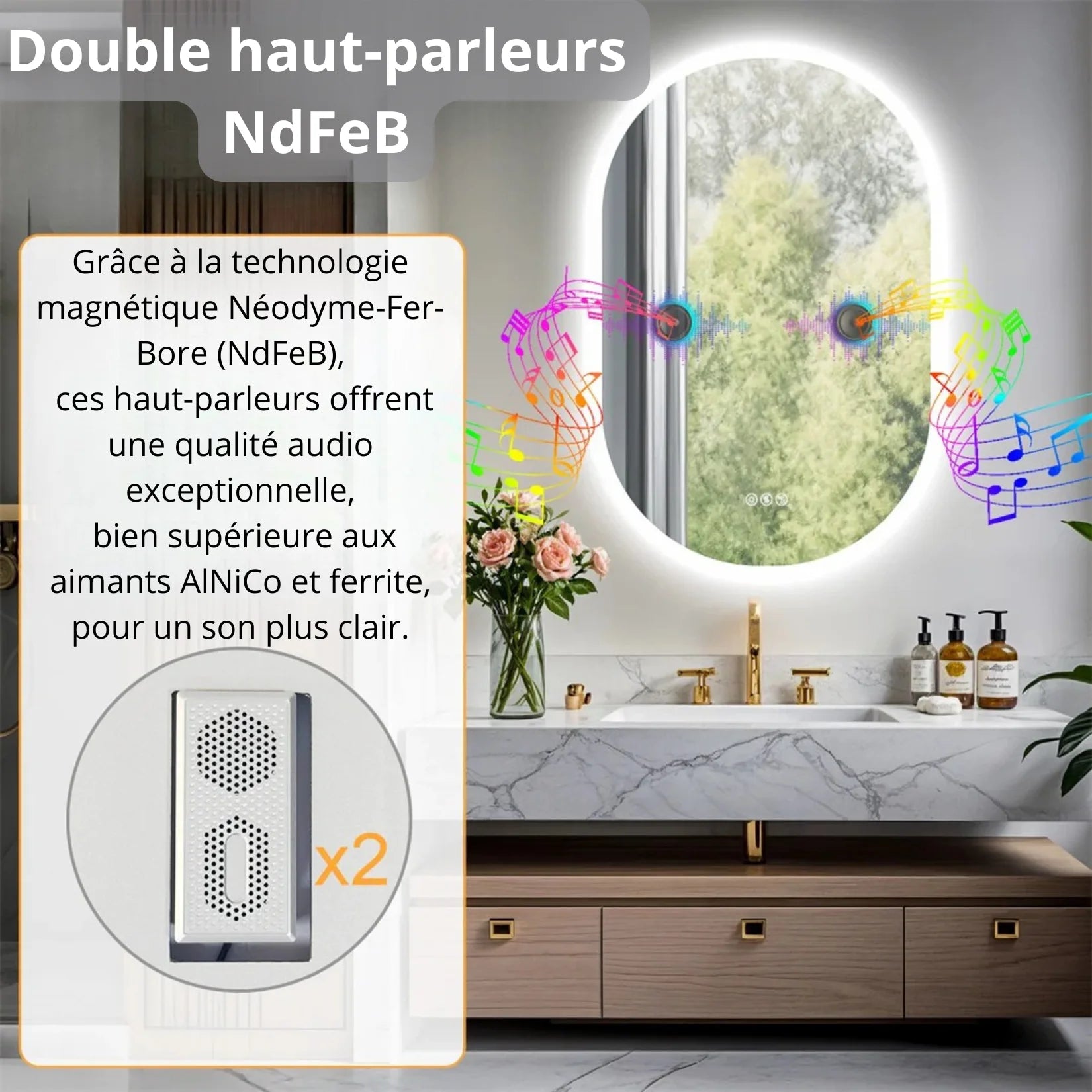 Miroir LED salle de bain avec double haut-parleurs Bluetooth NdFeB.