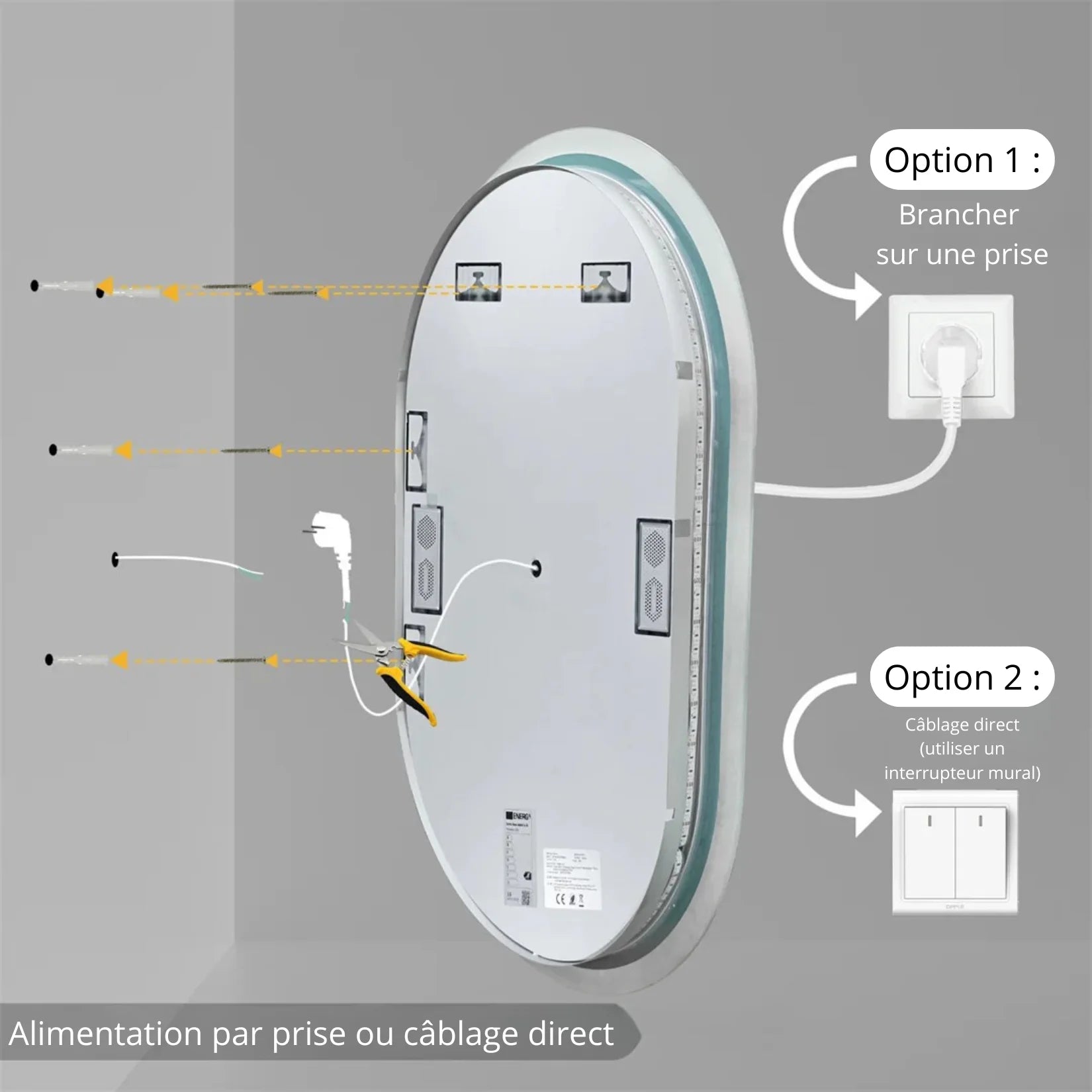 Miroir LED salle de bain alimentation prise ou câblage direct.
