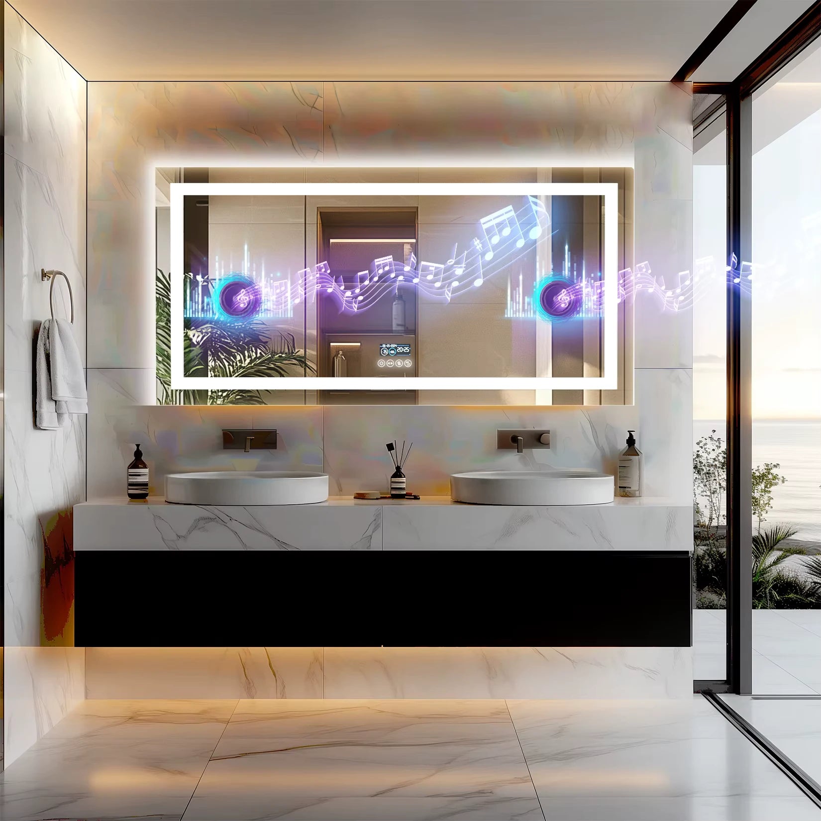 Miroir LED de salle de bain avec animations musicales et double vasque moderne.
