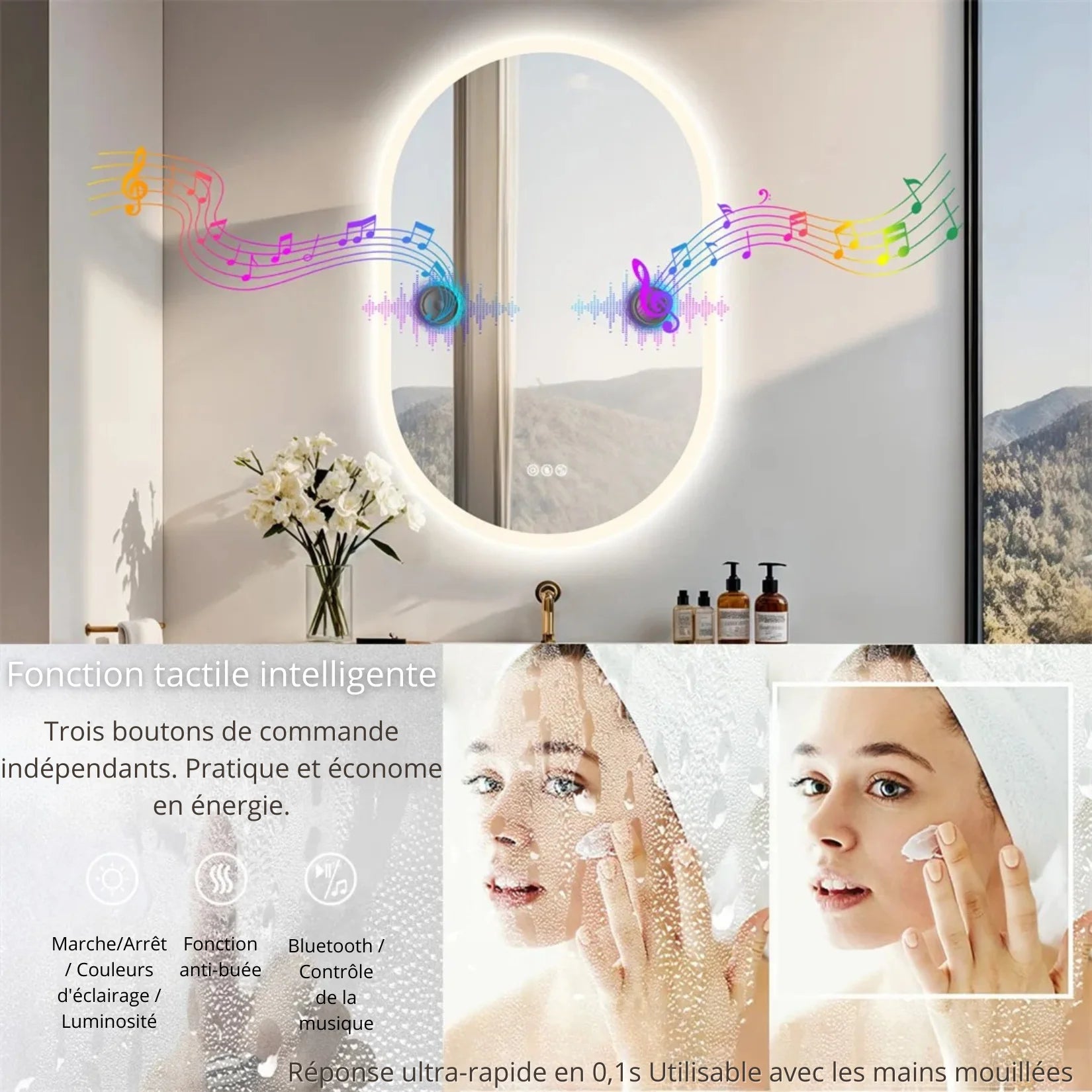 Miroir LED salle de bain commandes tactiles intelligentes.