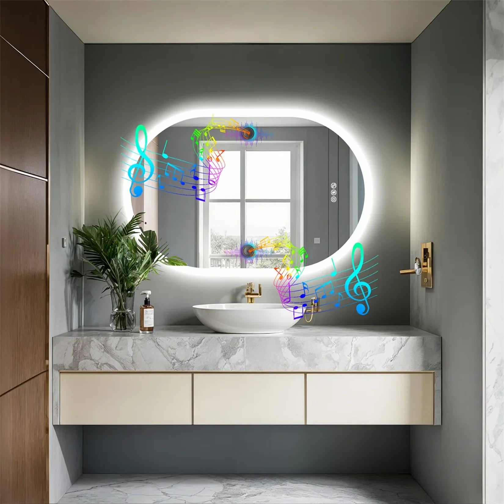 Miroir LED salle de bain horizontal au-dessus vasque.