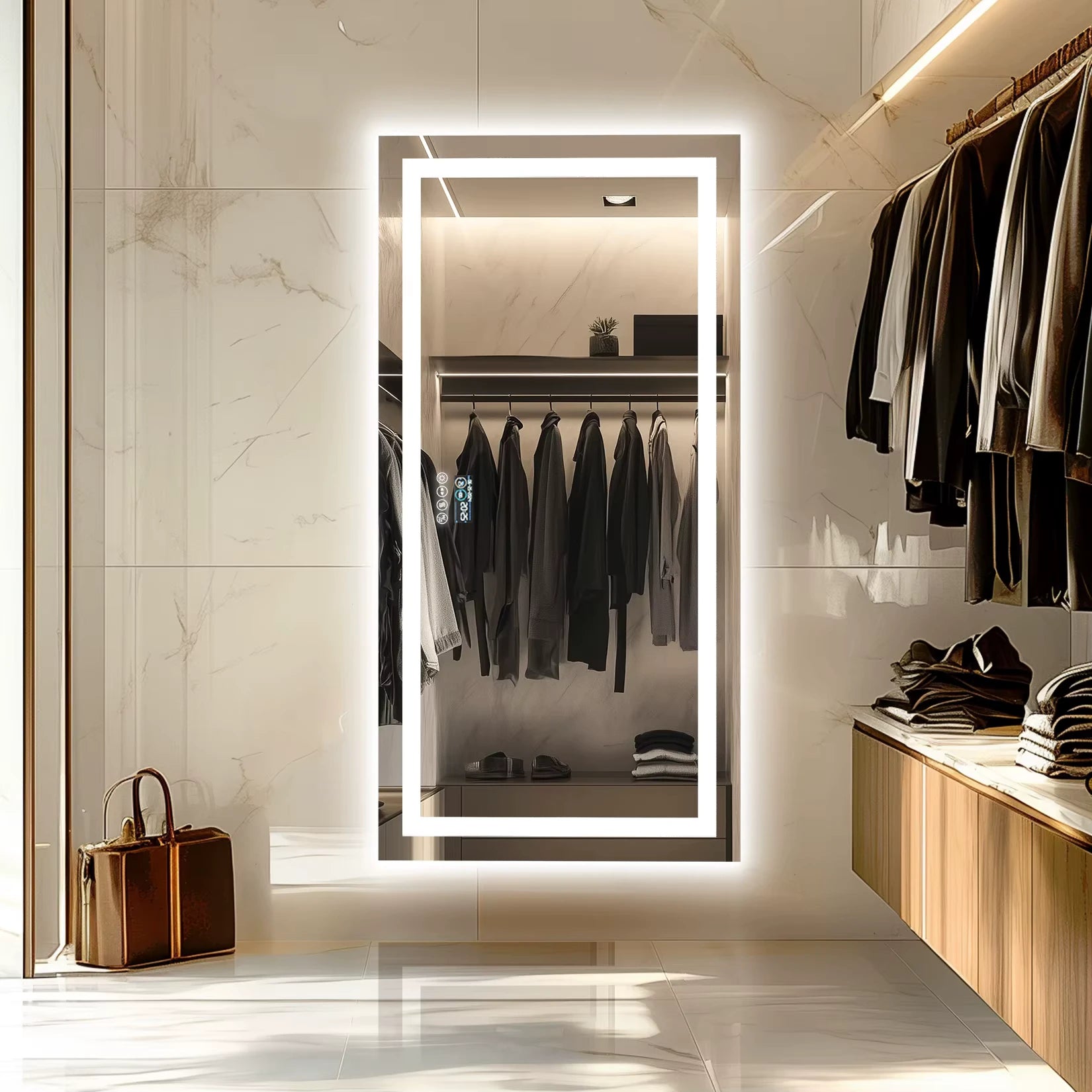 Miroir LED vertical installé dans un dressing moderne avec éclairage intégré.