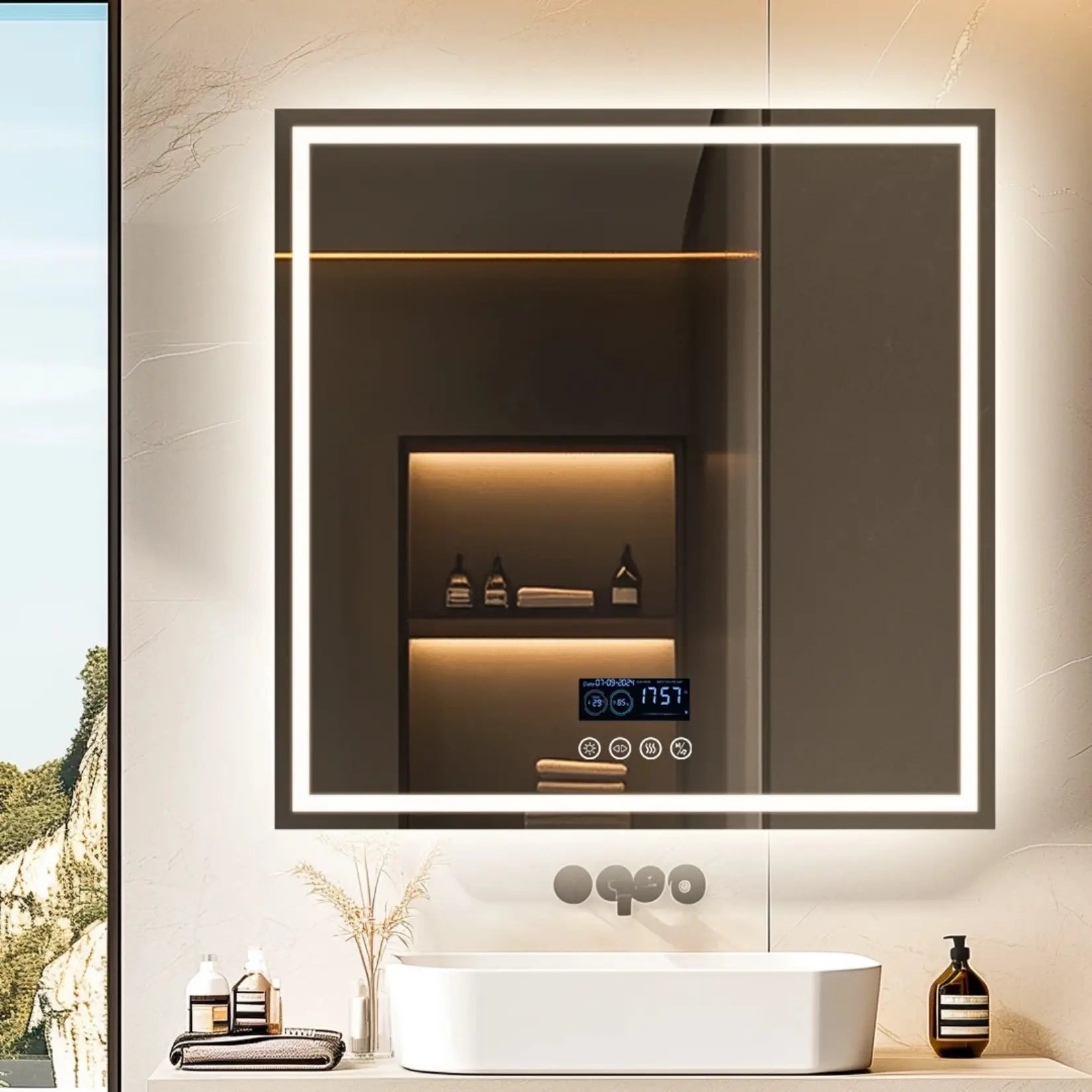 Détail du miroir LED Bluetooth affichant l’heure sur écran digital, bandes lumineuses blanches encadrant un reflet net d’étagères de salle de bain.