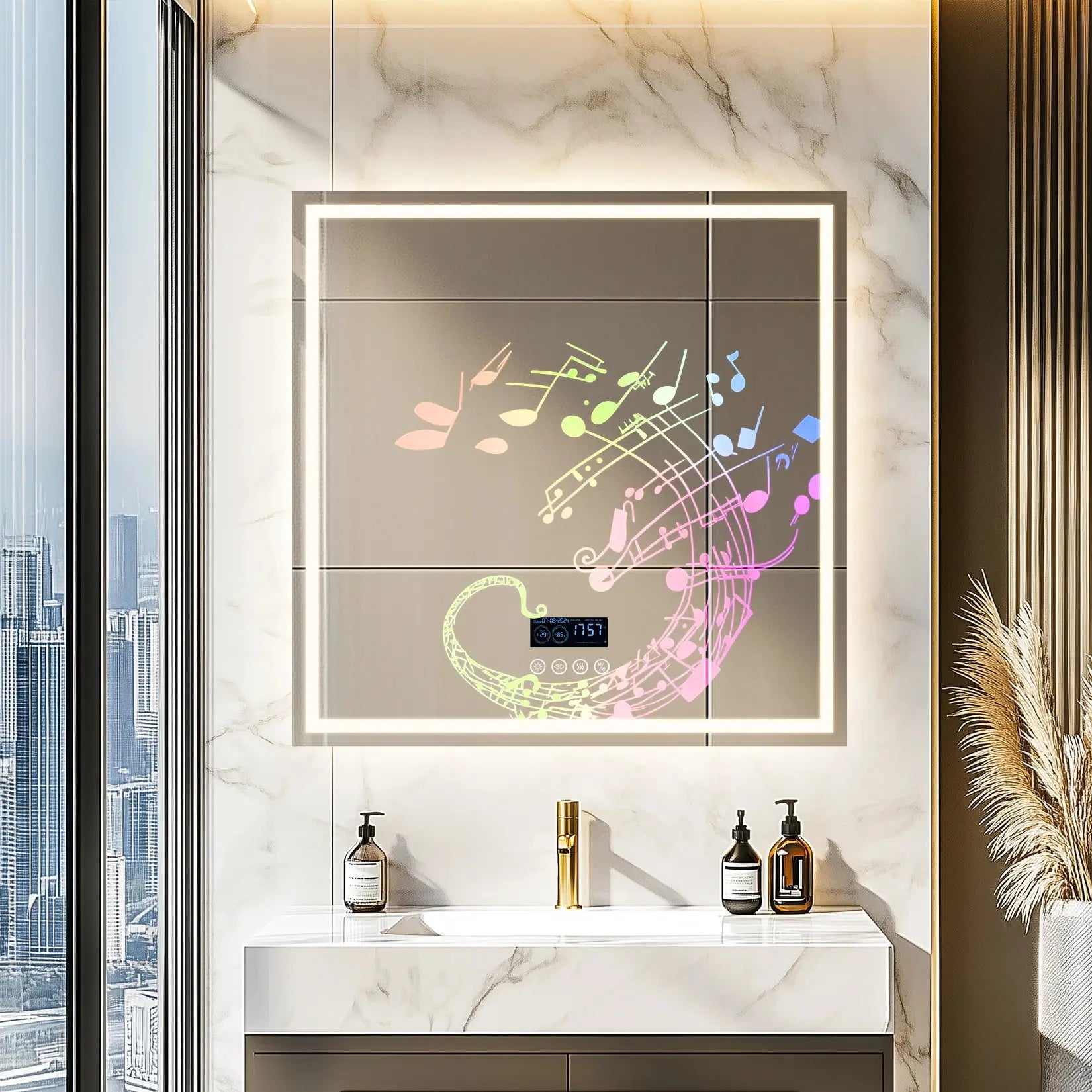 Gros plan sur un miroir LED Bluetooth carré fixé sur carrelage marbre, montrant l’éclairage périphérique et les motifs musicaux arc-en-ciel.