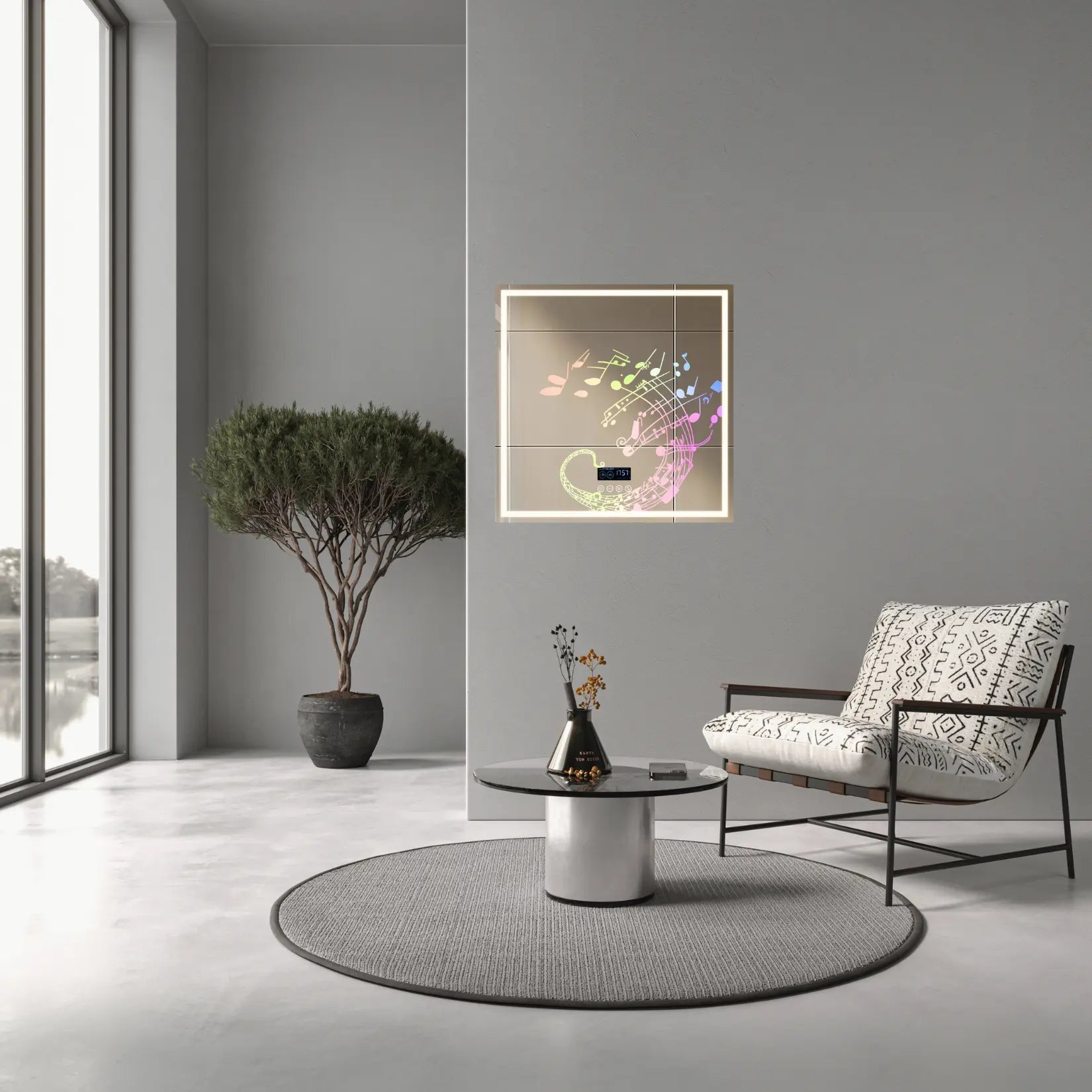 Miroir LED Bluetooth carré lumineux placé dans un salon minimaliste gris, reflétant un fauteuil moderne et une table basse circulaire.