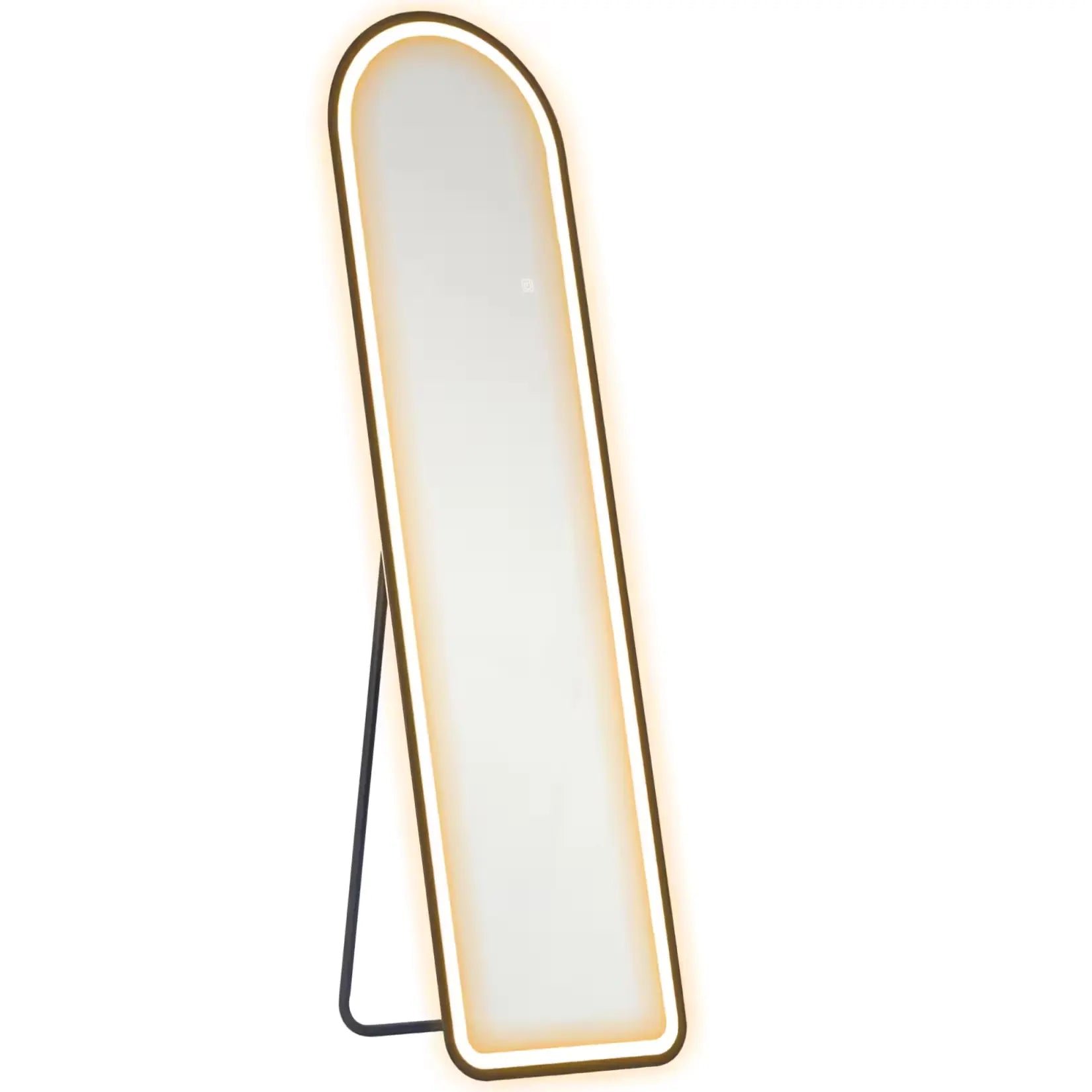 Miroir long avec éclairage LED et pied incliné pour position stable et élégante.