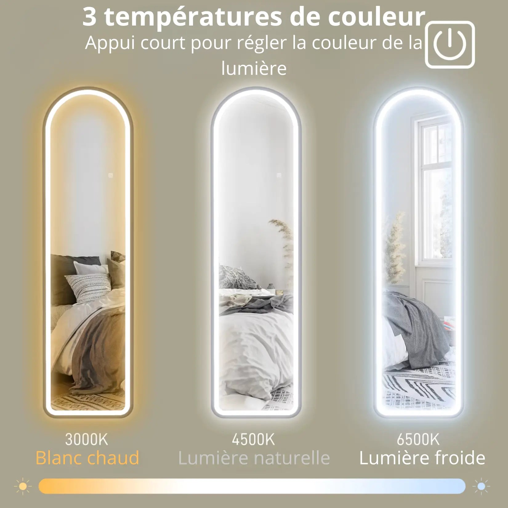 Miroir long avec LED réglables en trois températures : blanc chaud, lumière naturelle et lumière froide.