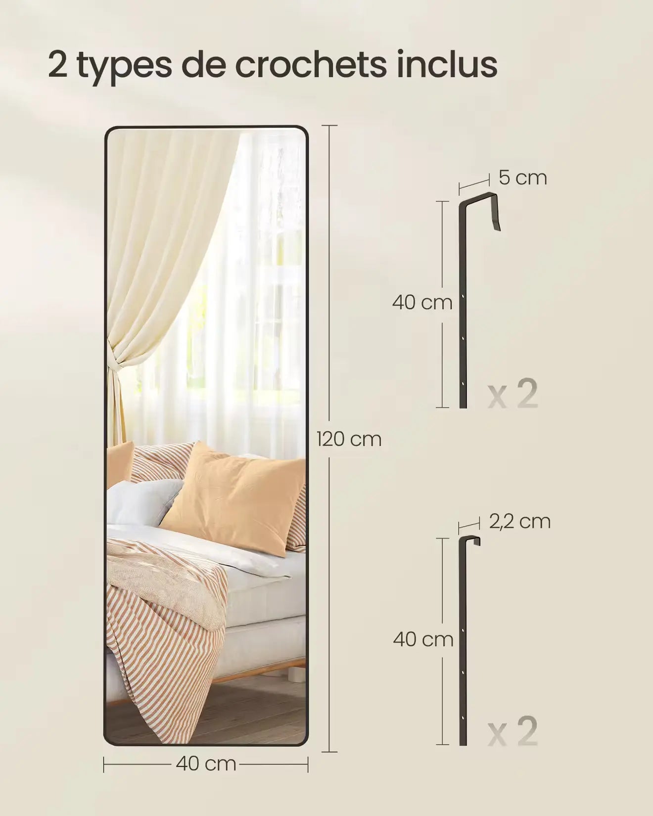 Miroir long mural 120x40cm avec 2 types de crochets de fixation murale inclus.