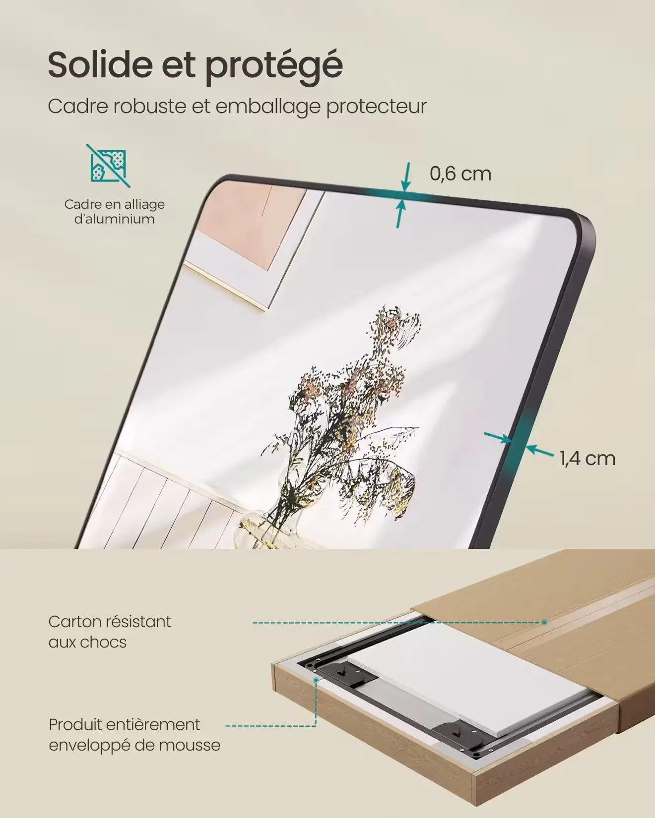 Miroir long mural avec cadre en alliage d'aluminium 0,6cm et emballage protecteur résistant aux chocs.