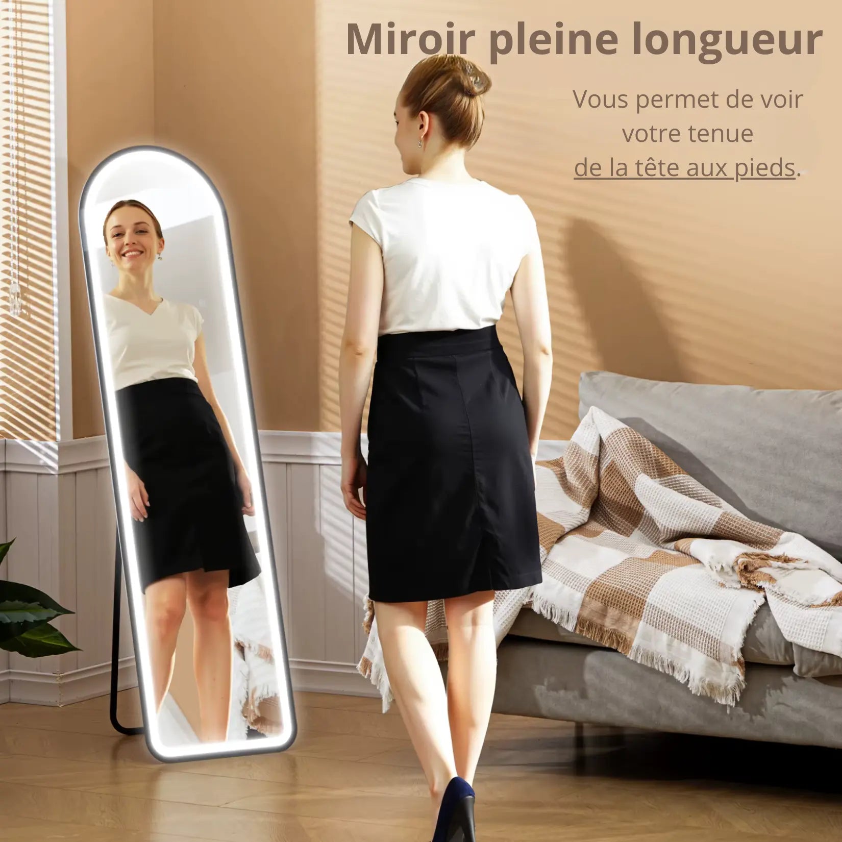Miroir long pleine longueur 150x40 cm sur pied pour voir sa tenue de la tête aux pieds.