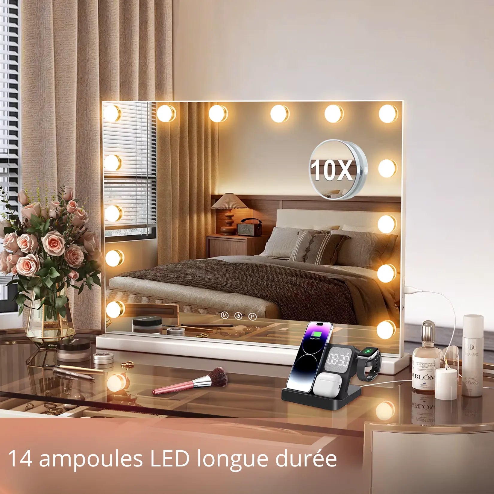 Miroir Lumineux Grossissant Hollywood 14 ampoules LED longue durée.