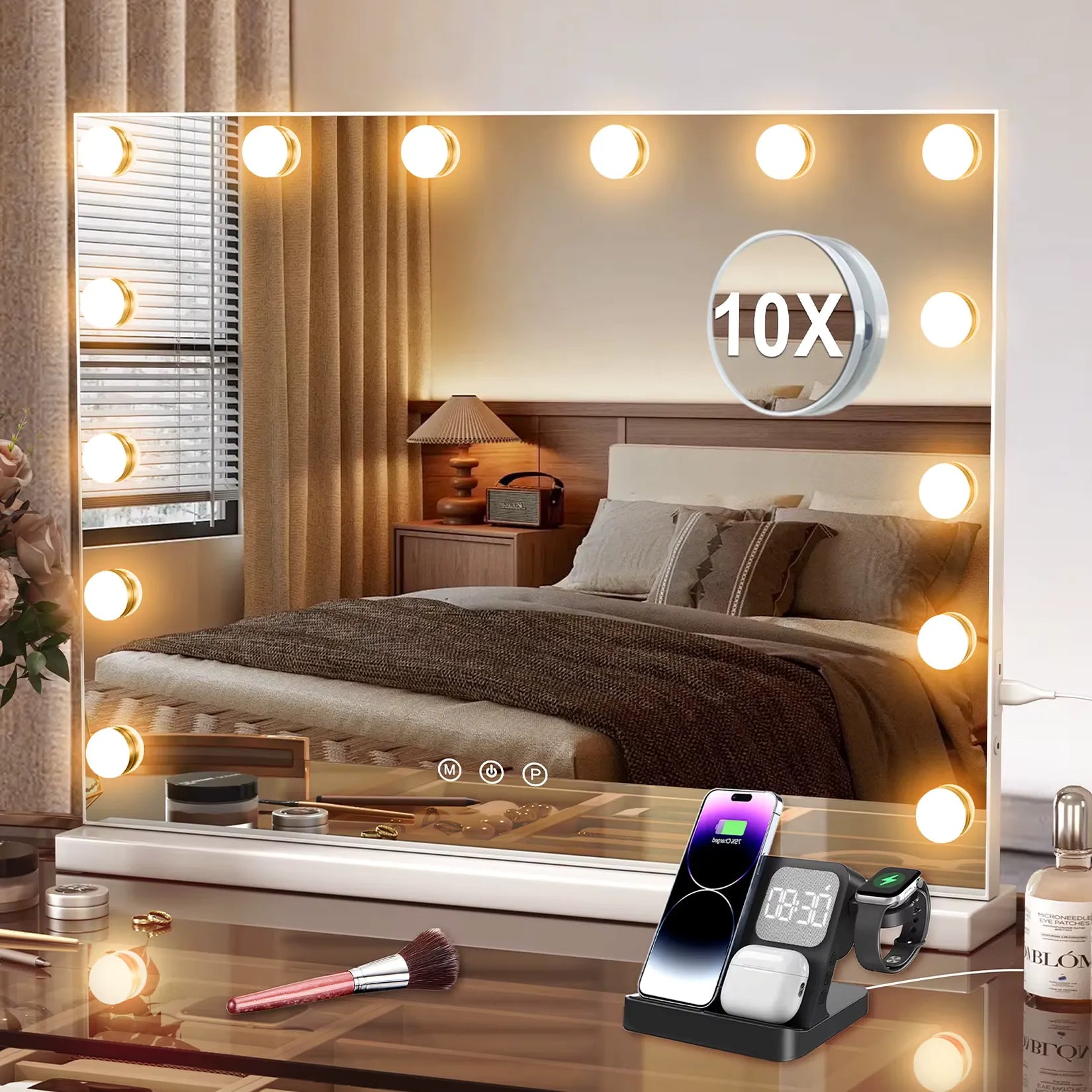 Miroir Lumineux Grossissant Hollywood 14 LED vue de face avec loupe x10.