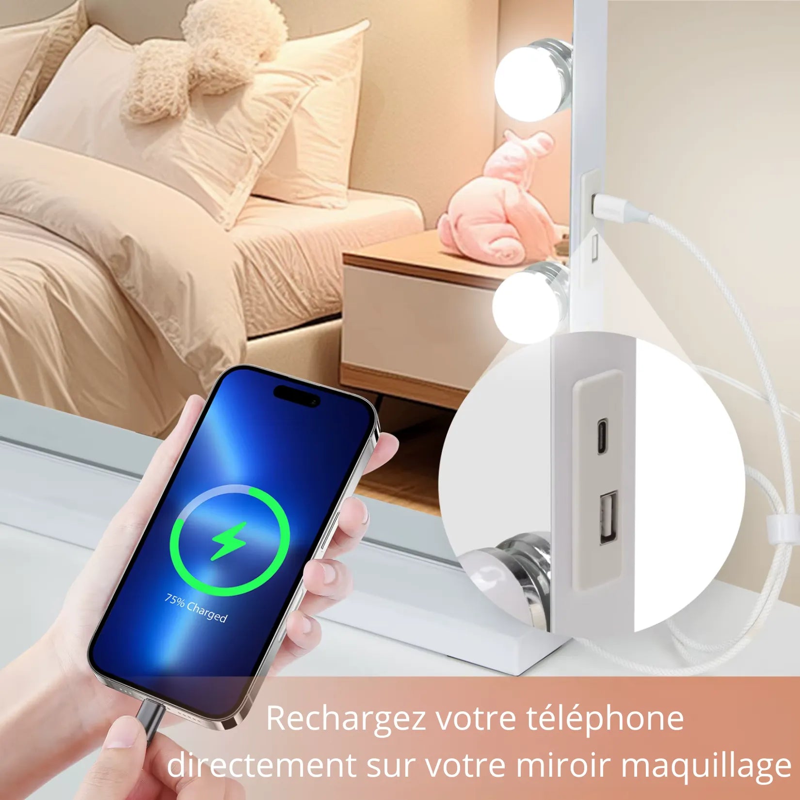 Miroir Lumineux Grossissant avec port USB intégré pour recharger téléphone.