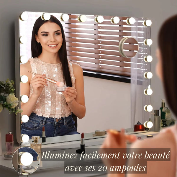 Miroir lumineux maquillage professionnel avec 20 ampoules LED pour un éclairage optimal.