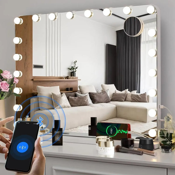 Miroir lumineux maquillage professionnel avec Bluetooth et port de charge USB intégré pour plus de confort.