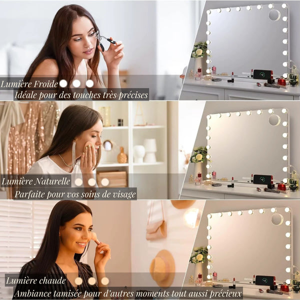 Miroir lumineux maquillage professionnel avec lumière froide, naturelle et chaude pour ajuster selon vos besoins.