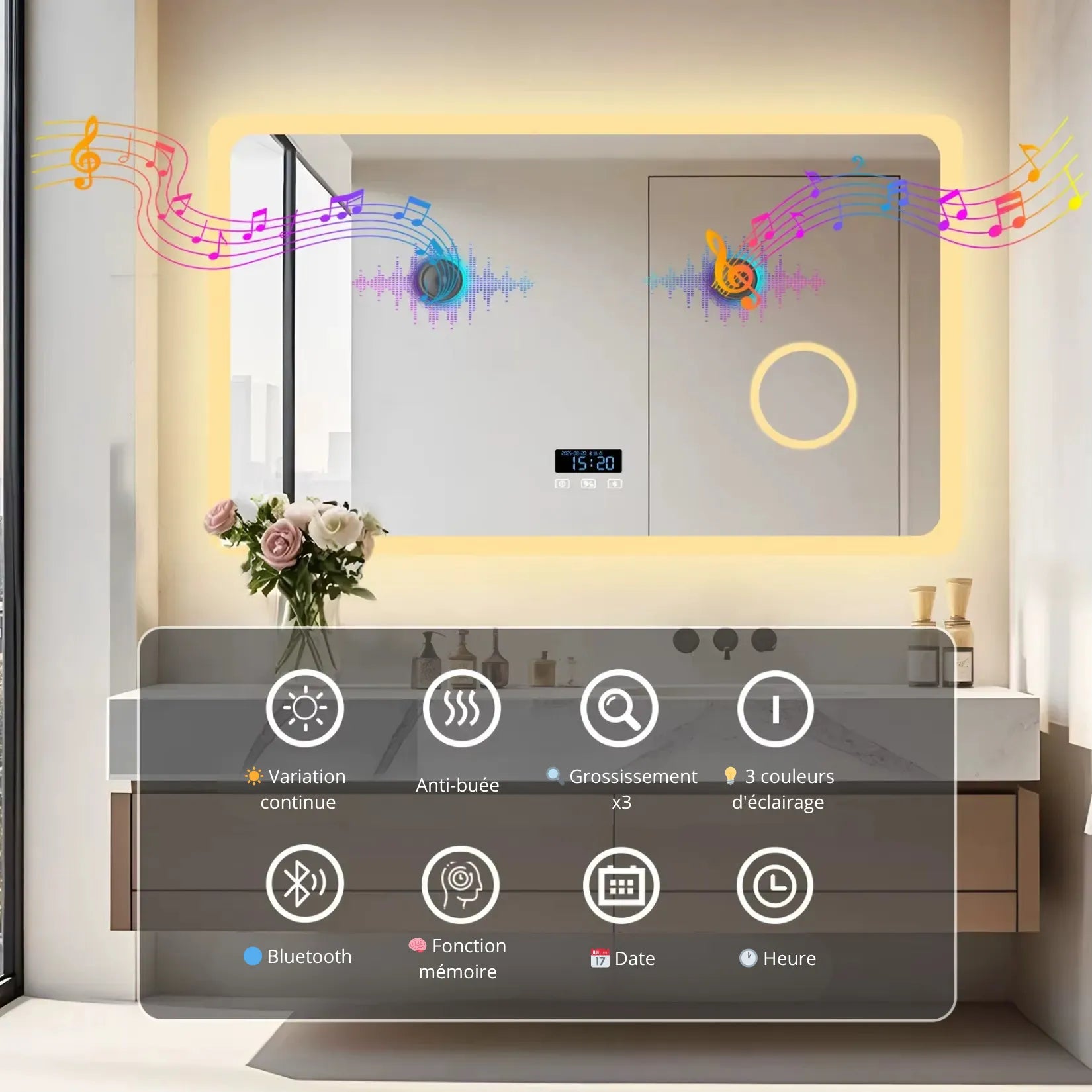 Miroir Lumineux Salle de Bain 120 cm Bluetooth 3 températures couleur LED.