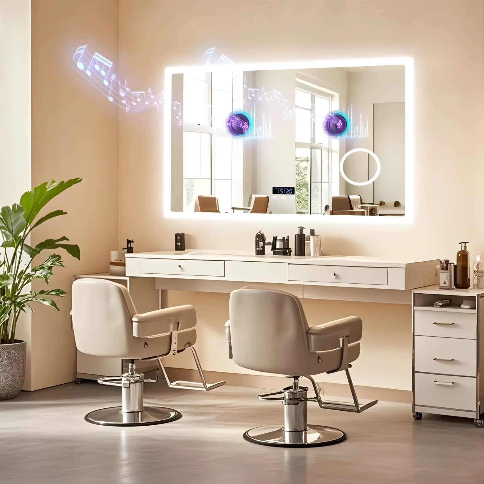 Miroir Lumineux Salle de Bain 120 cm Bluetooth usage professionnel salon coiffure.