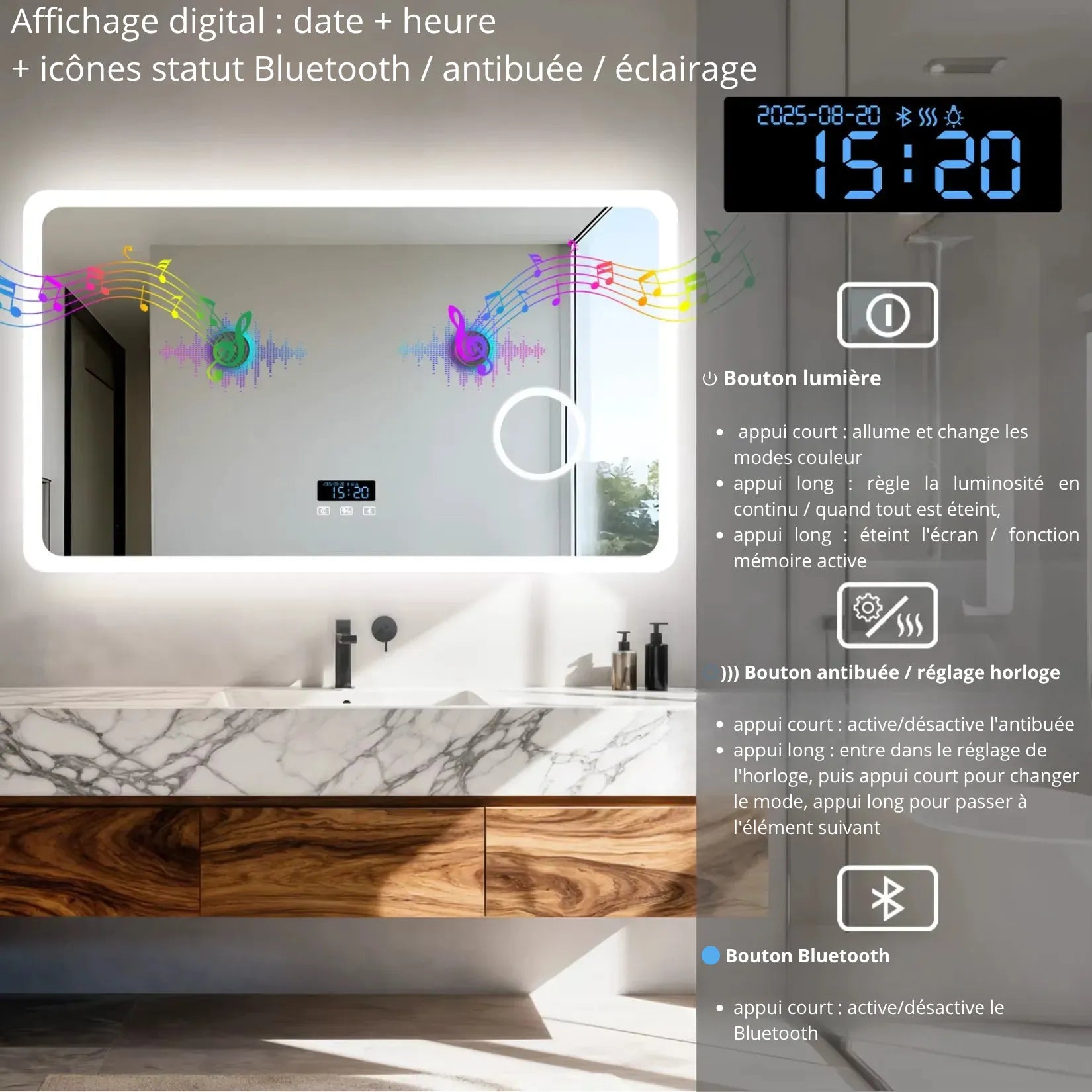 Miroir Lumineux Salle de Bain 120 cm boutons tactiles affichage digital heure date.