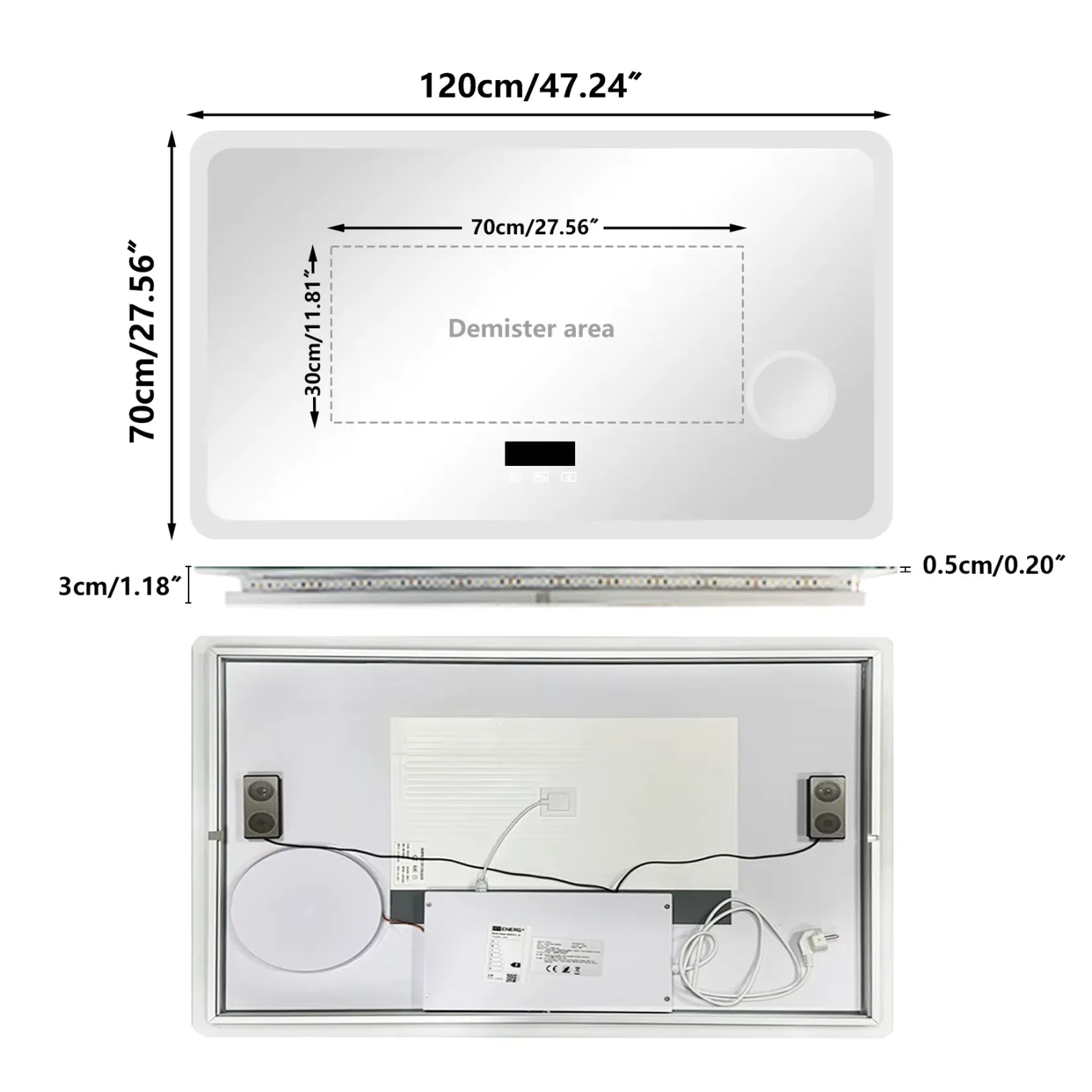 Miroir Lumineux Salle de Bain 120 cm schéma dimensions 120x70 zone antibuée.