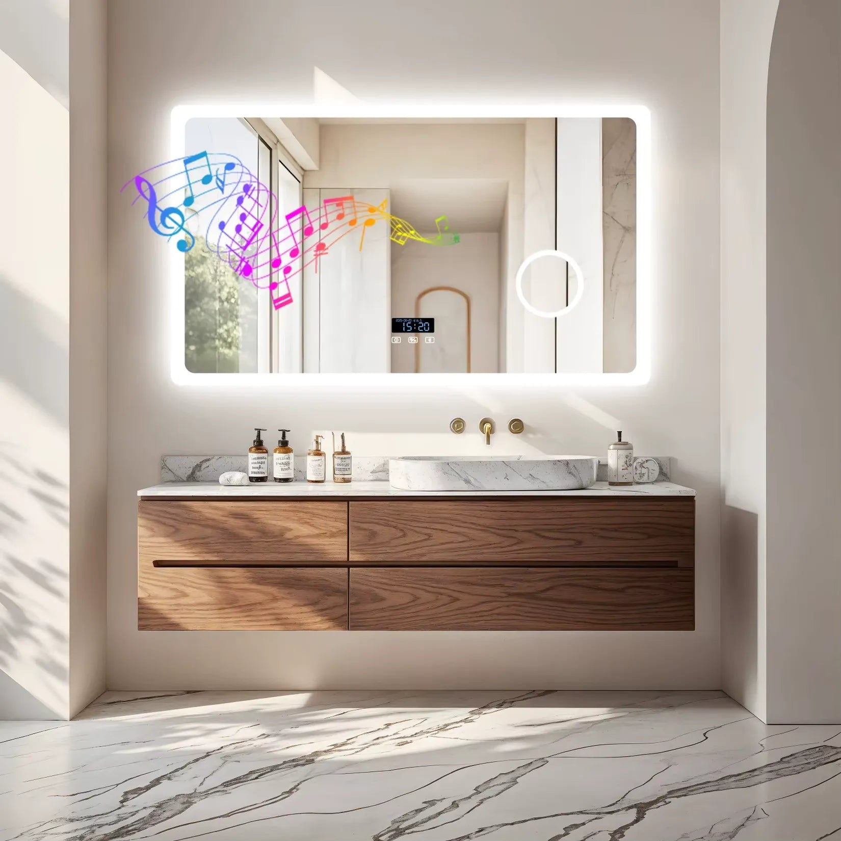 Miroir Lumineux Salle de Bain 120 cm rétroéclairage meuble bois noyer vasque.
