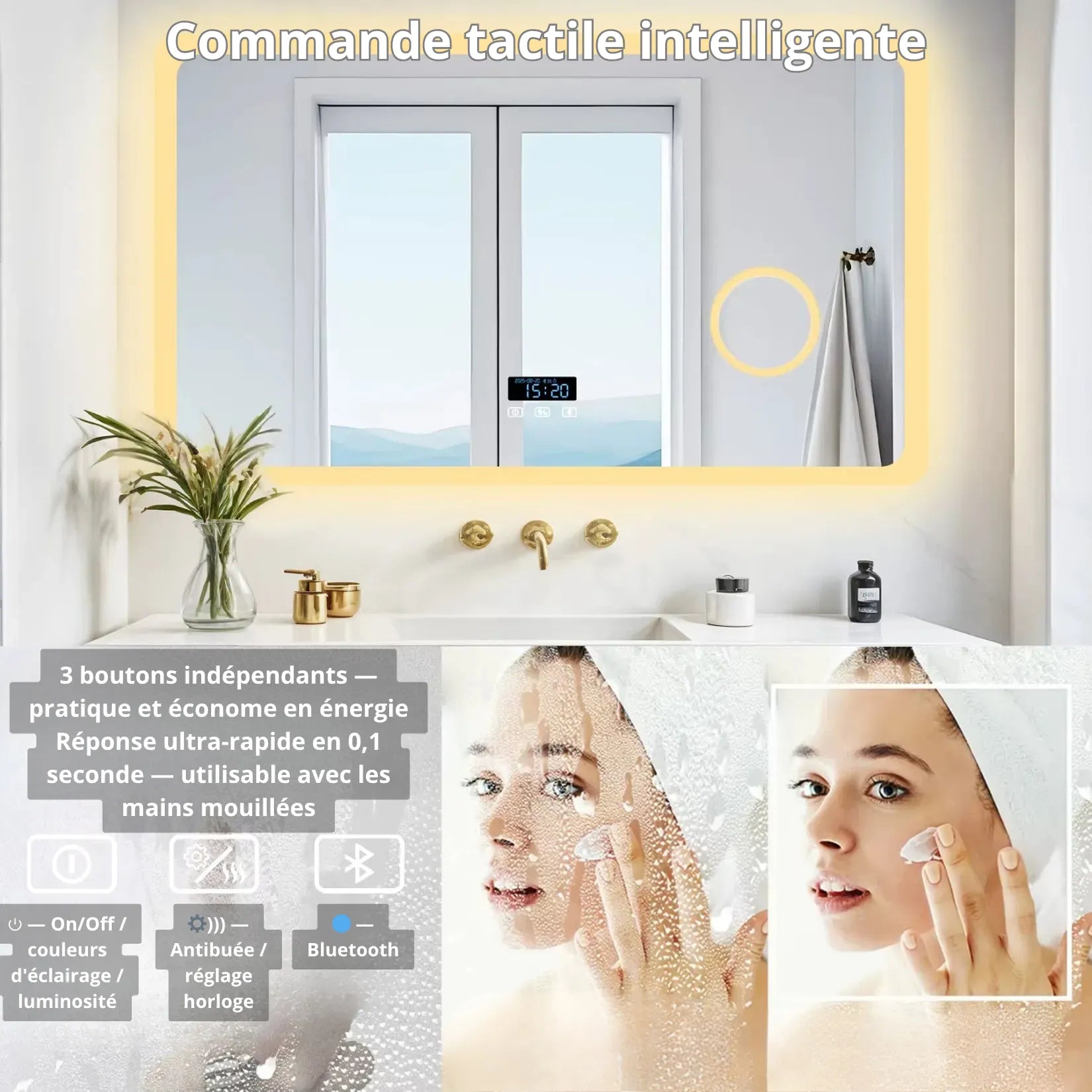 Miroir Lumineux Salle de Bain 120 cm commande tactile antibuée mains mouillées.