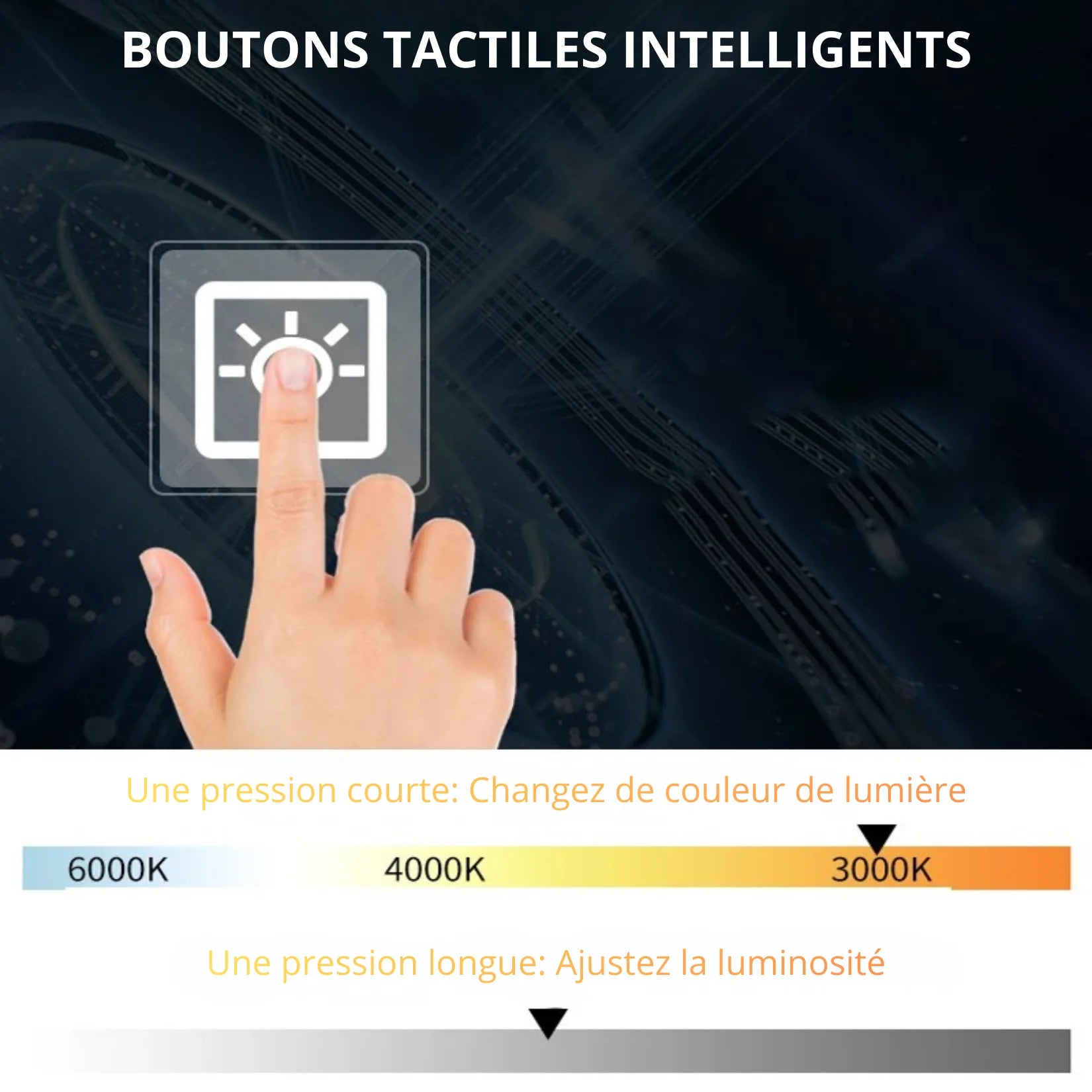 Miroir lune LED avec commandes tactiles et réglage lumière.