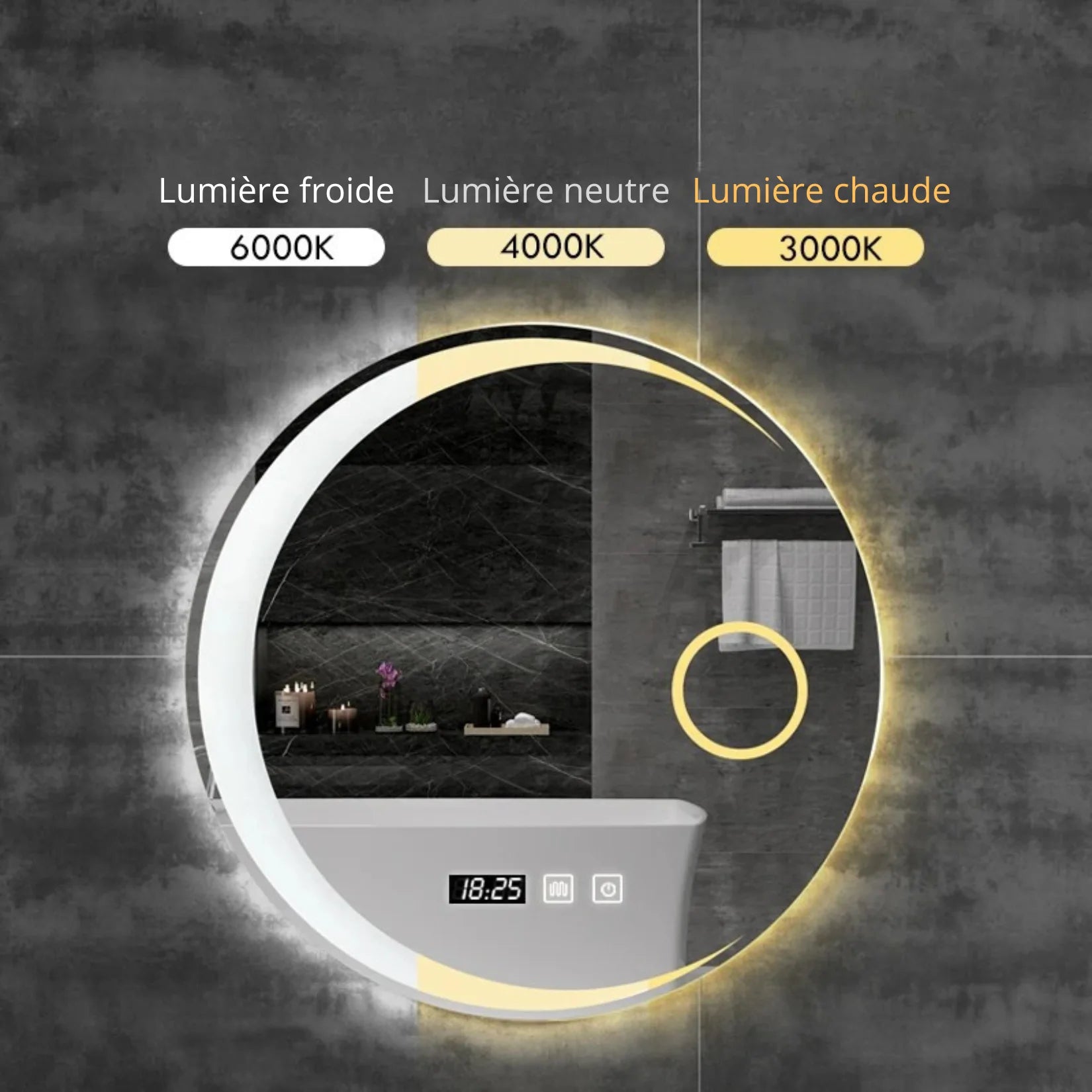Miroir lune LED éclairage 3000K 4000K 6000K.