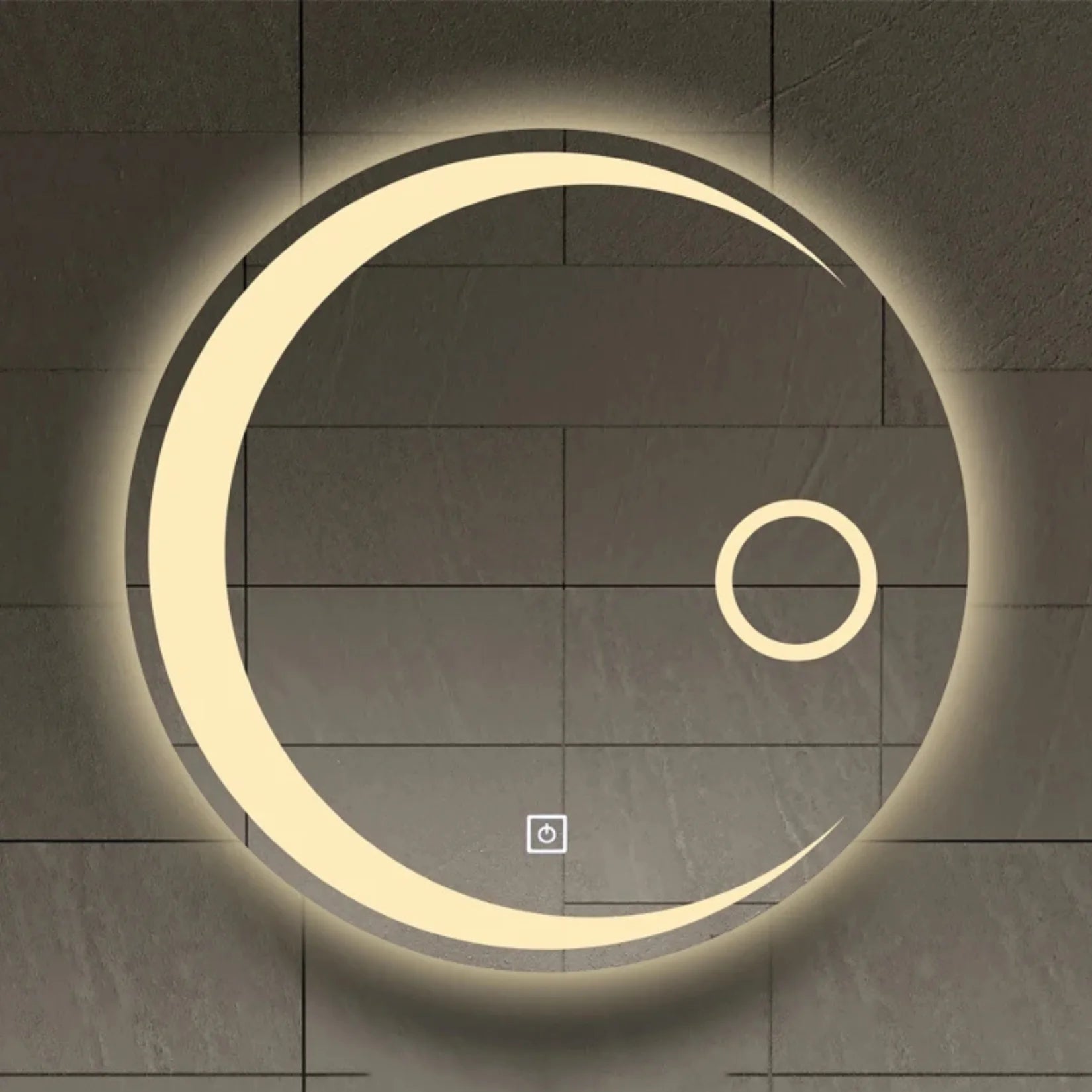 Miroir lune LED éclairage blanc chaud 3000K.