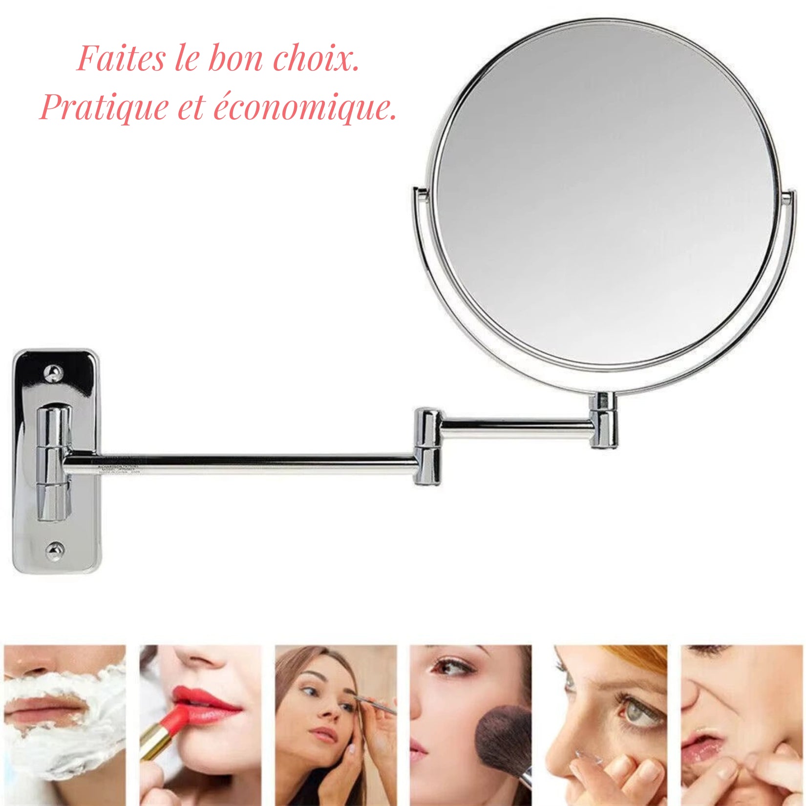 Miroir mural pour maquillage, articulé et pratique, pour un usage quotidien.