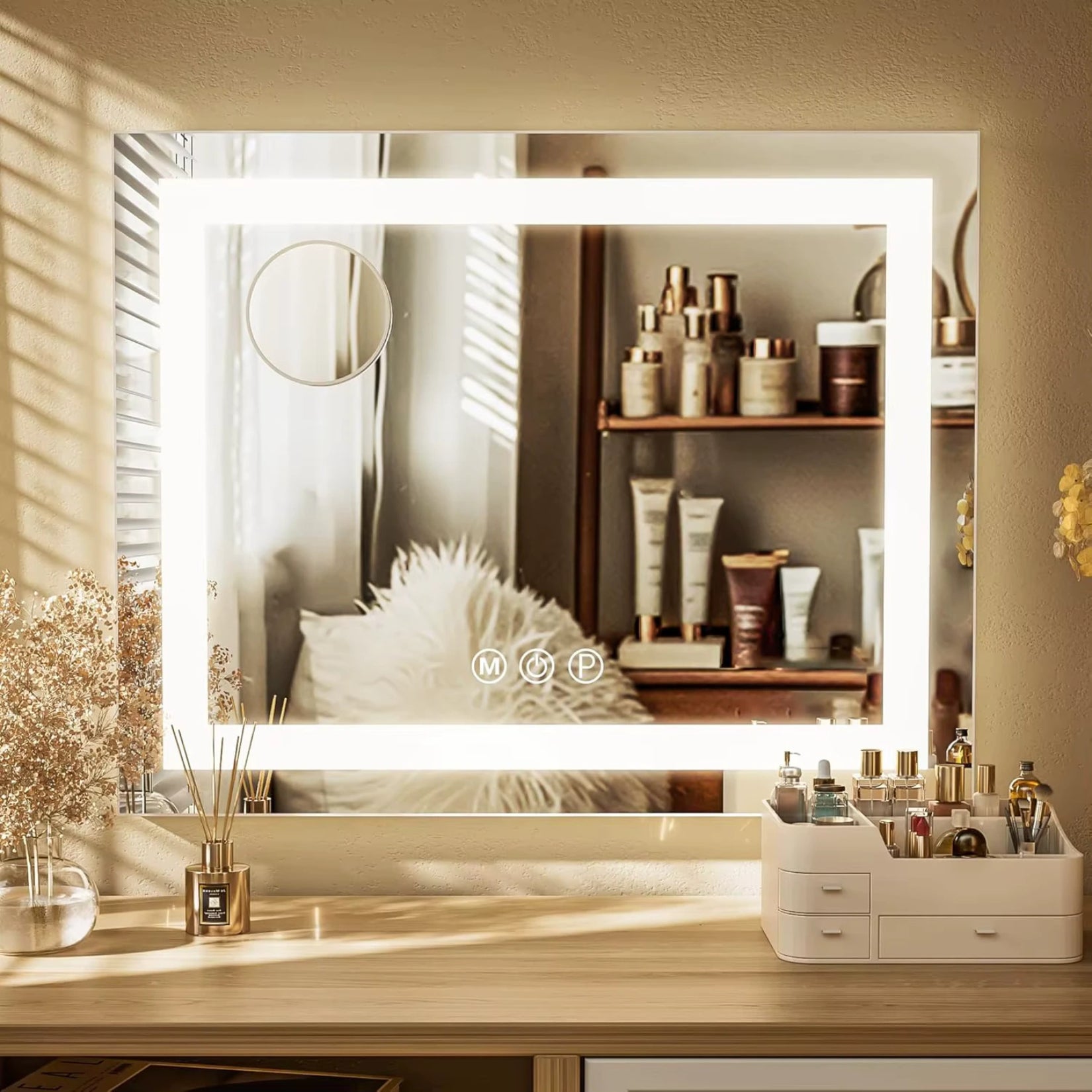 Miroir Maquillage LED avec fixation murale pratique pour un gain de place optimal.