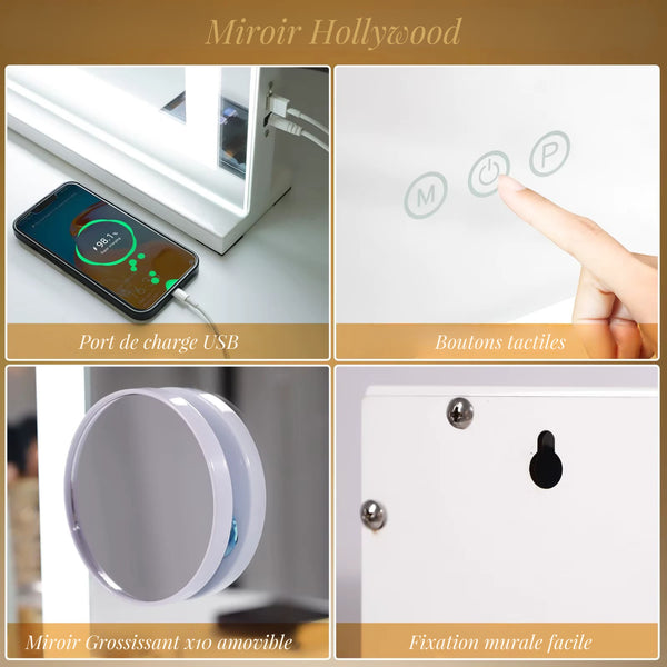 Miroir Maquillage LED avec port USB et boutons tactiles pour un éclairage parfait.