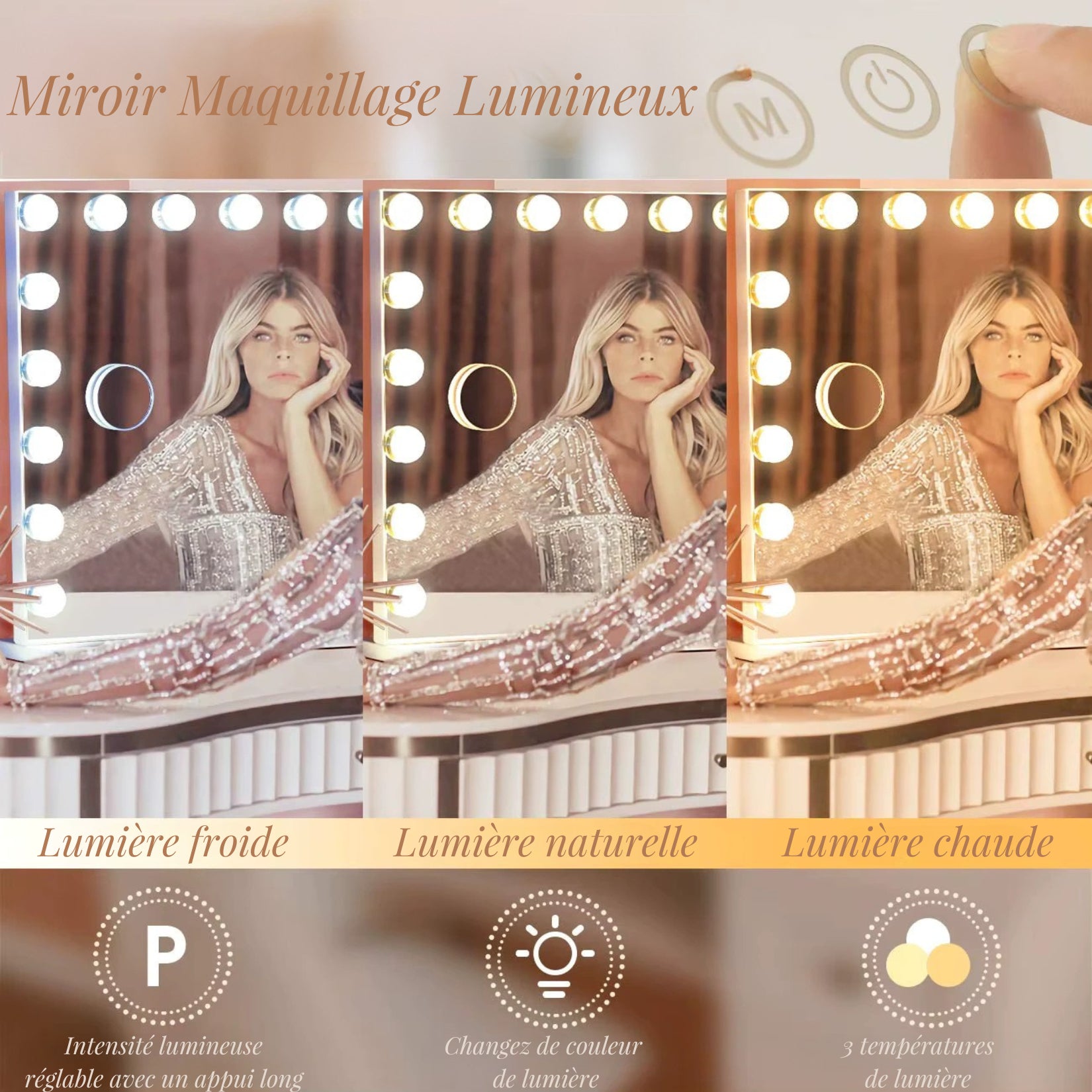 Miroir Maquillage Lumineux avec 3 températures de lumière