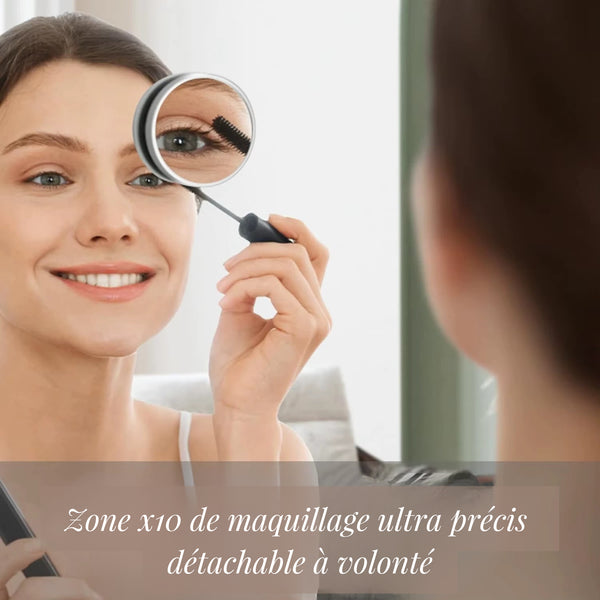 Miroir maquillage lumineux professionnel avec loupe 10x détachable pour un maquillage ultra précis.
