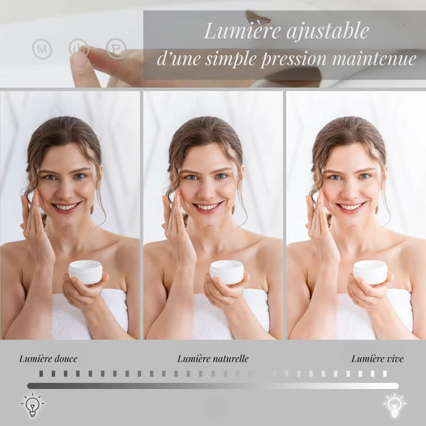 Miroir maquillage lumineux professionnel avec lumière LED ajustable et 3 températures de couleur.