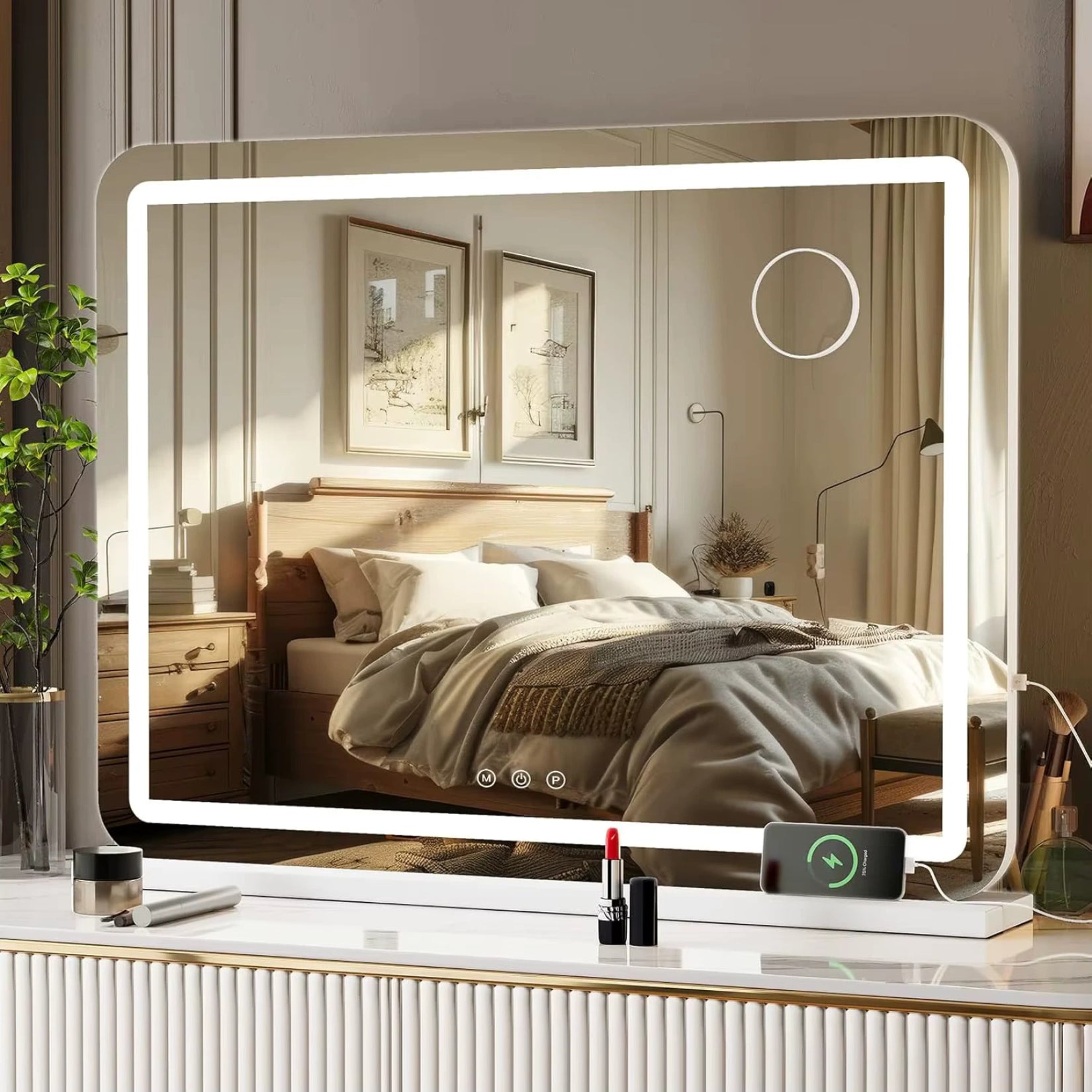 Miroir maquillage lumineux professionnel installé comme miroir mural ou de table, avec design moderne.