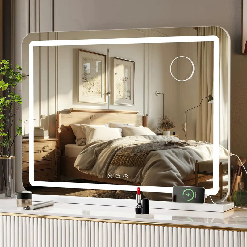 Miroir maquillage lumineux professionnel installé comme miroir mural ou de table, avec design moderne.