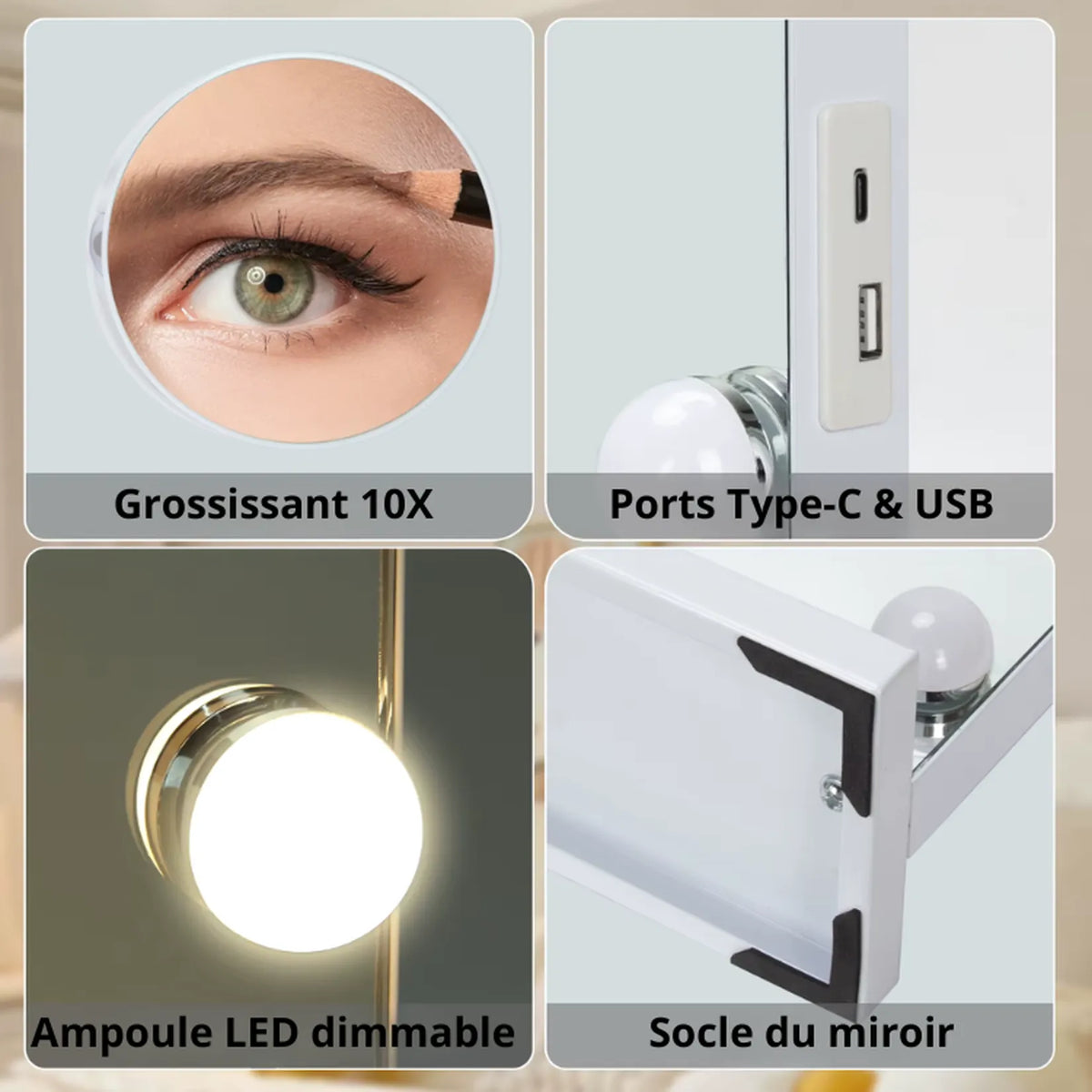Détails du miroir vanity Hollywood : grossissant 10X, ports Type-C et USB, ampoule LED dimmable, socle du miroir.
