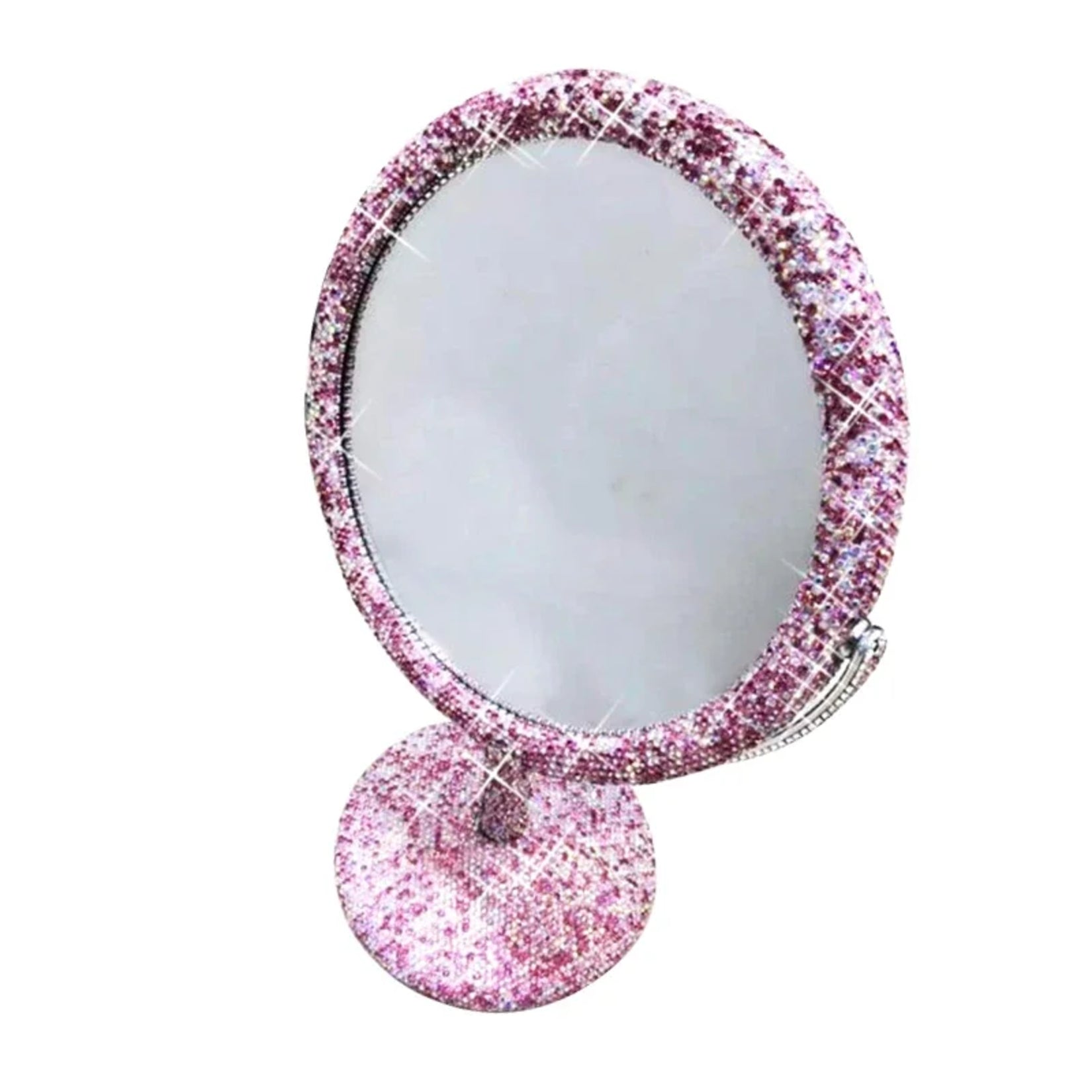 Miroir de maquillage orné de strass roses clairs scintillants pour une coiffeuse élégante.