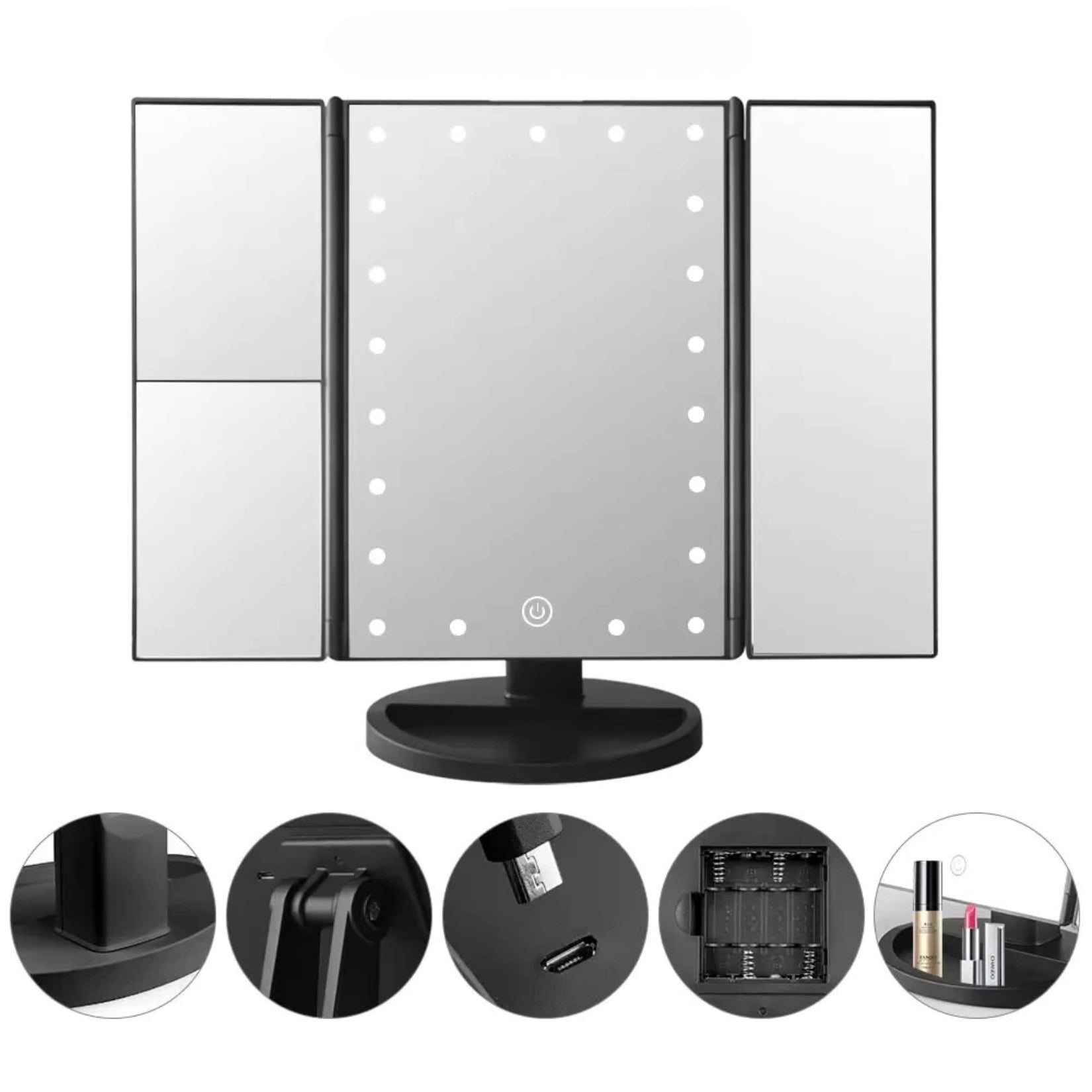 Miroir maquillage sur pied avec triple reflet pour une précision maximale.