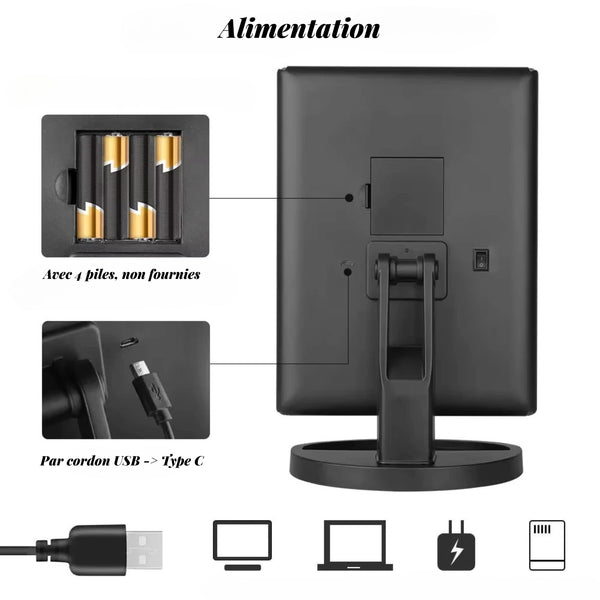 Miroir maquillage sur pied alimenté par piles ou USB.
