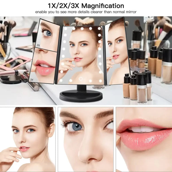 Miroir maquillage sur pied noir avec éclairage LED performant.