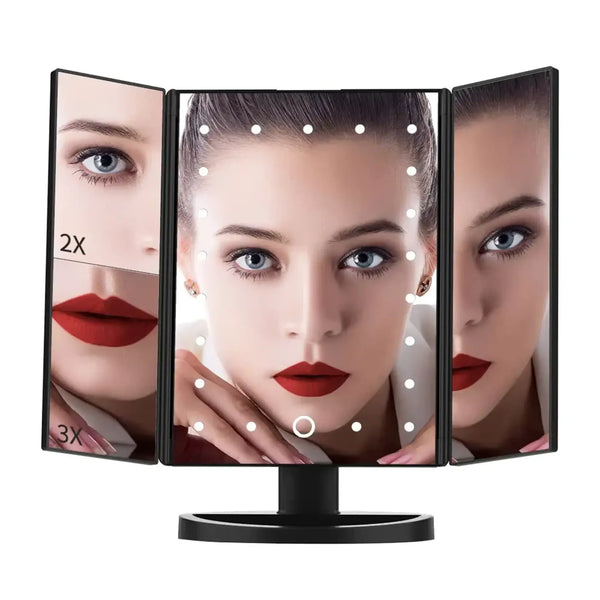Miroir maquillage sur pied noir avec éclairage LED performant.