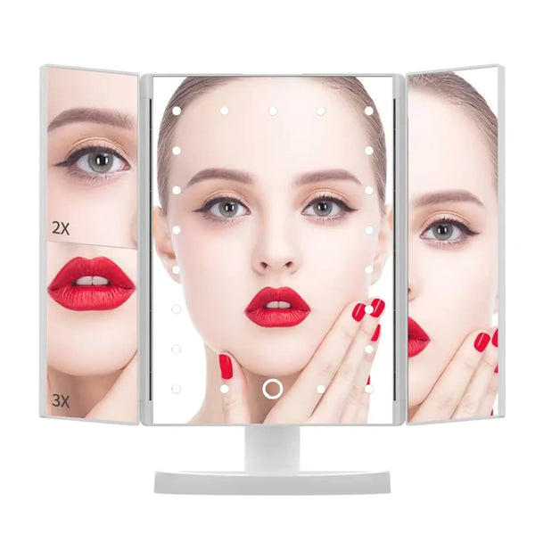 Miroir maquillage sur pied avec multiples grossissements.