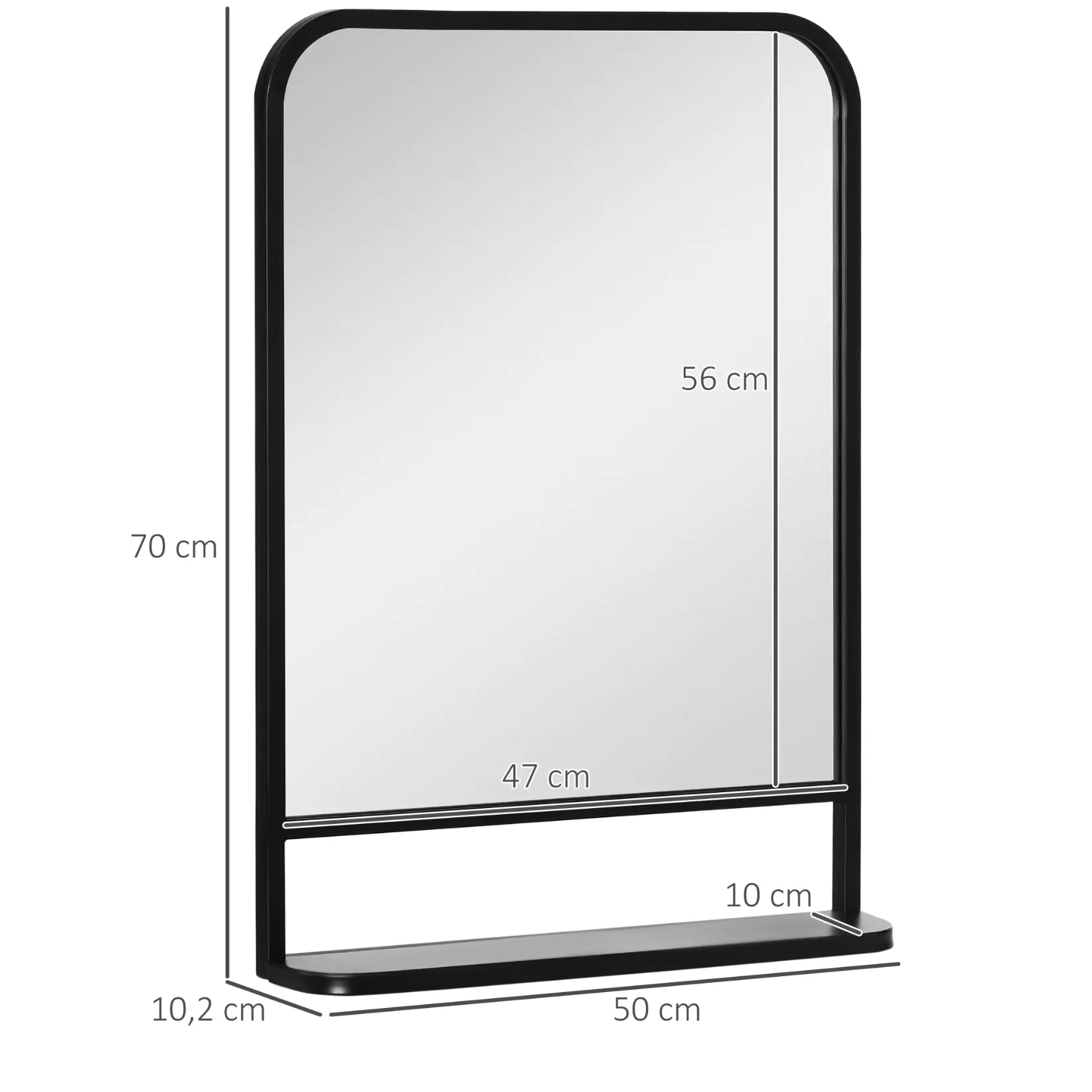 Dimensions du miroir métal industriel avec étagère affichées en centimètres.