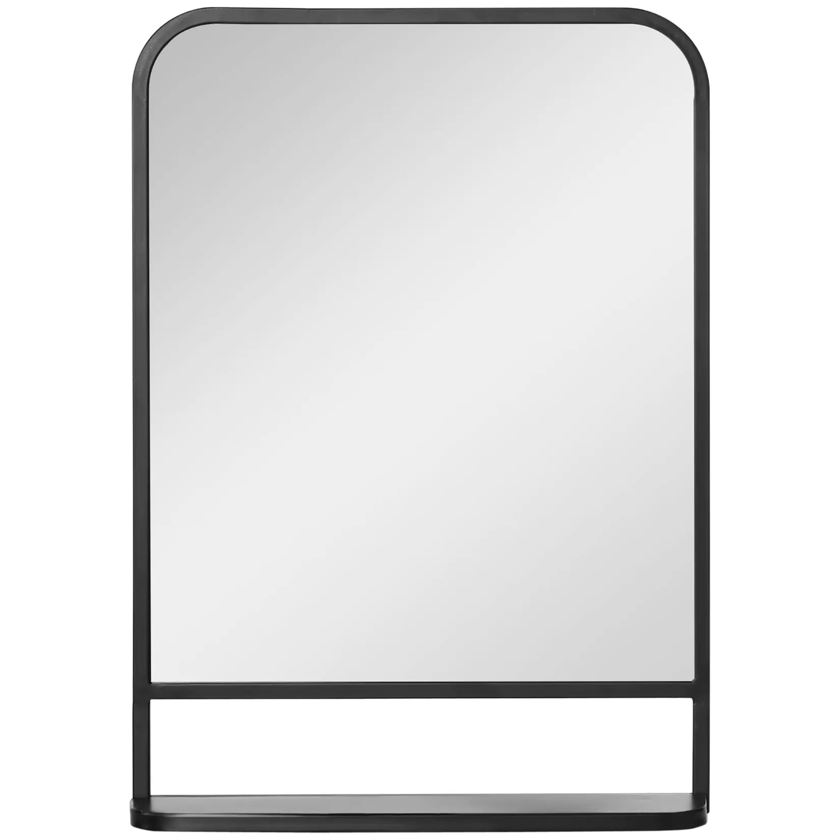 Miroir métal industriel avec cadre noir et étagère intégrée vu de face.